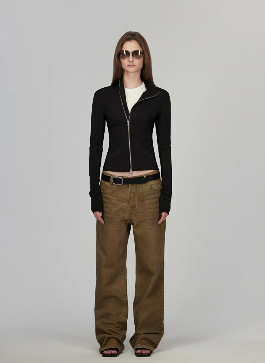 Diagonal Zip Slim Knit Jacket - Image 6