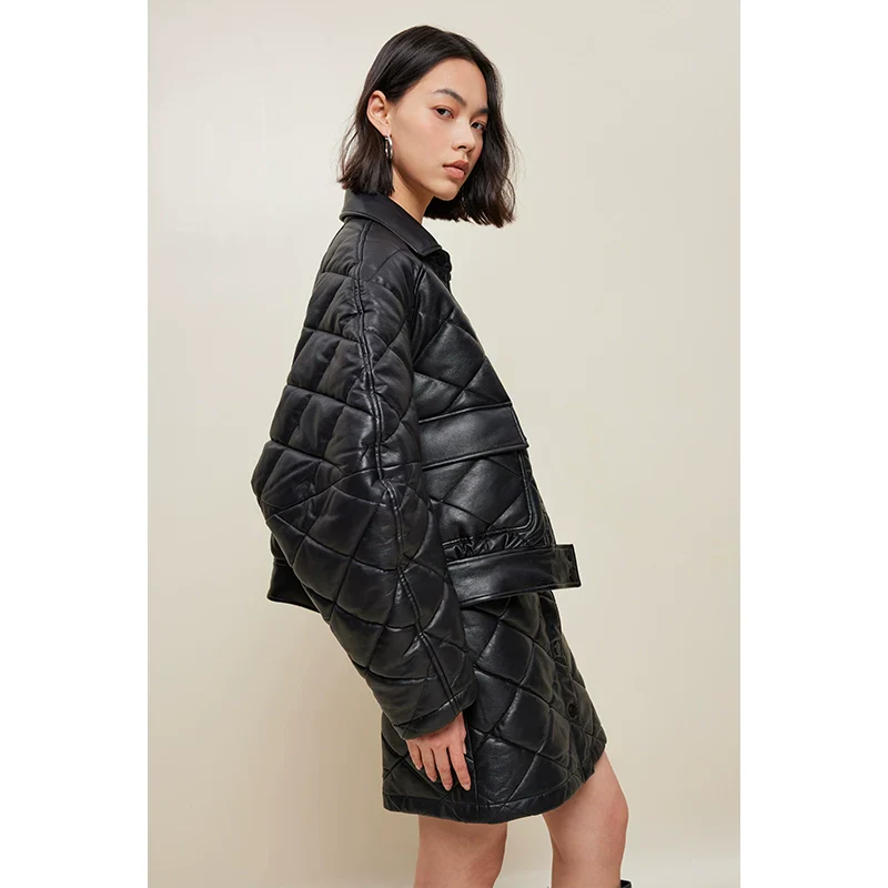 Diamond-Quilted PU Jacket & Mini Skirt Set