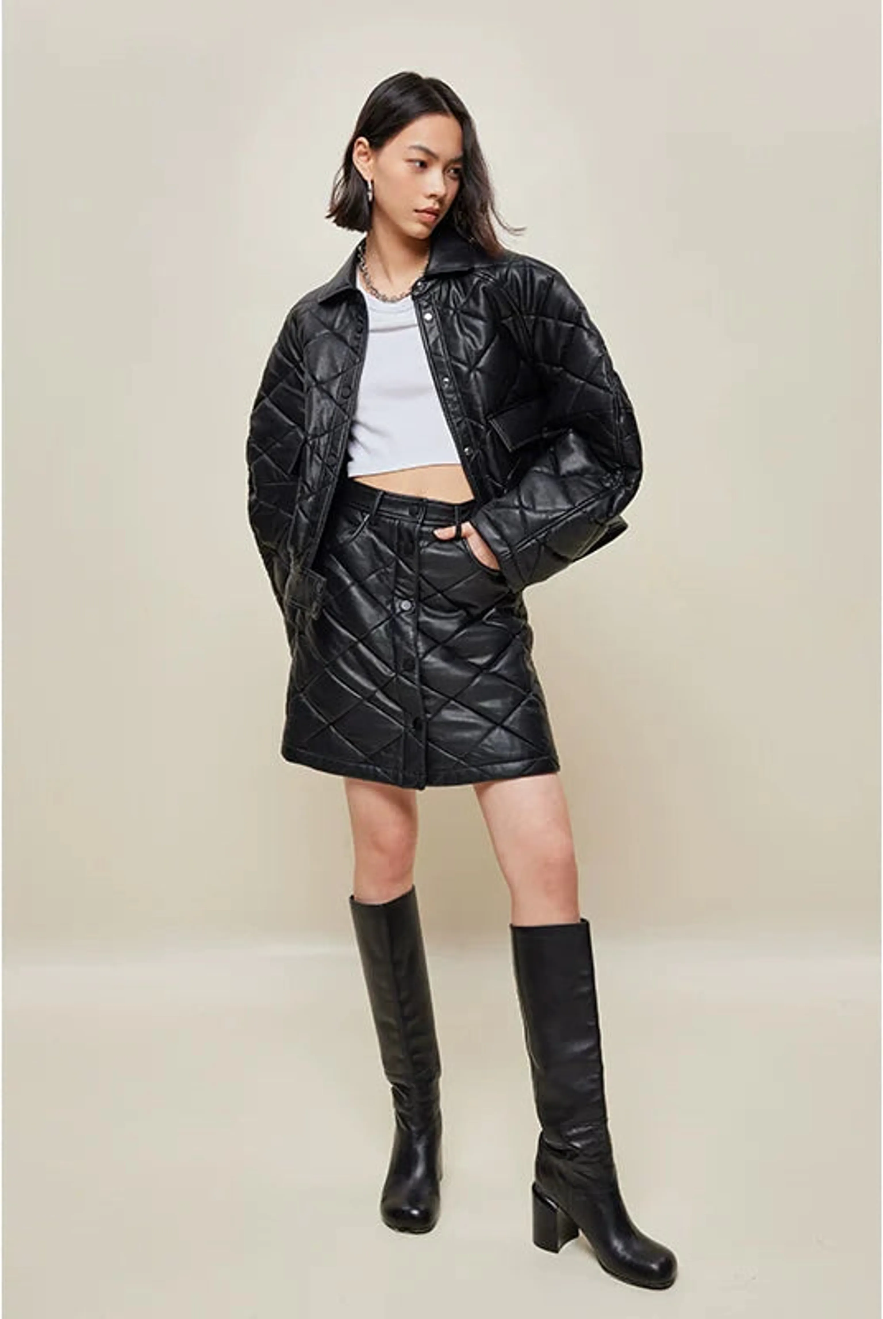 Diamond-Quilted PU Jacket & Mini Skirt Set - Image 10