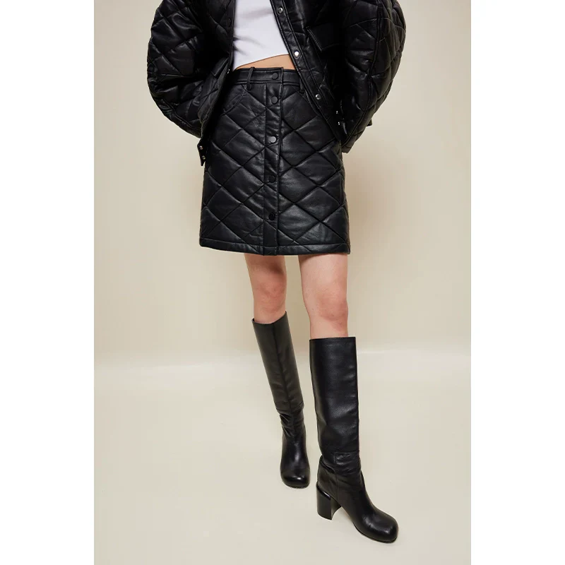 Diamond-Quilted PU Jacket & Mini Skirt Set - Image 2