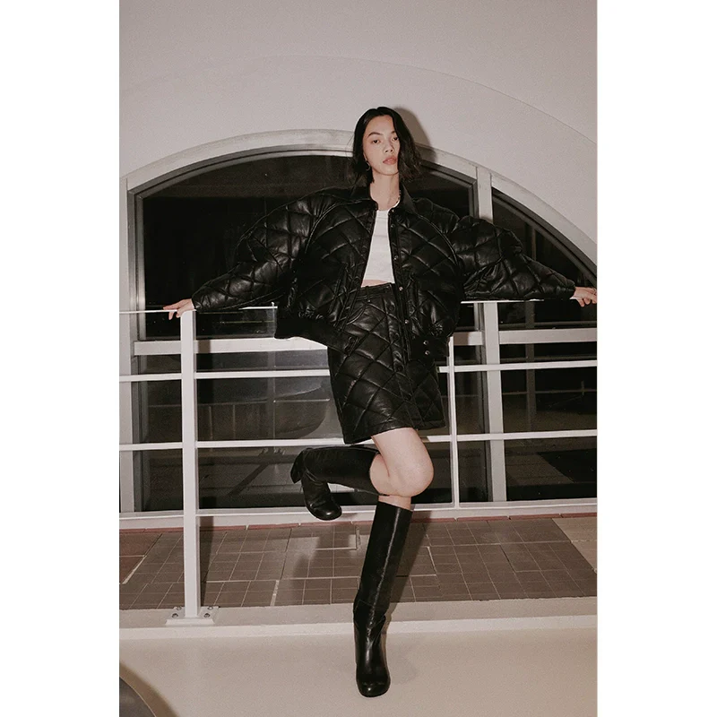 Diamond-Quilted PU Jacket & Mini Skirt Set - Image 3