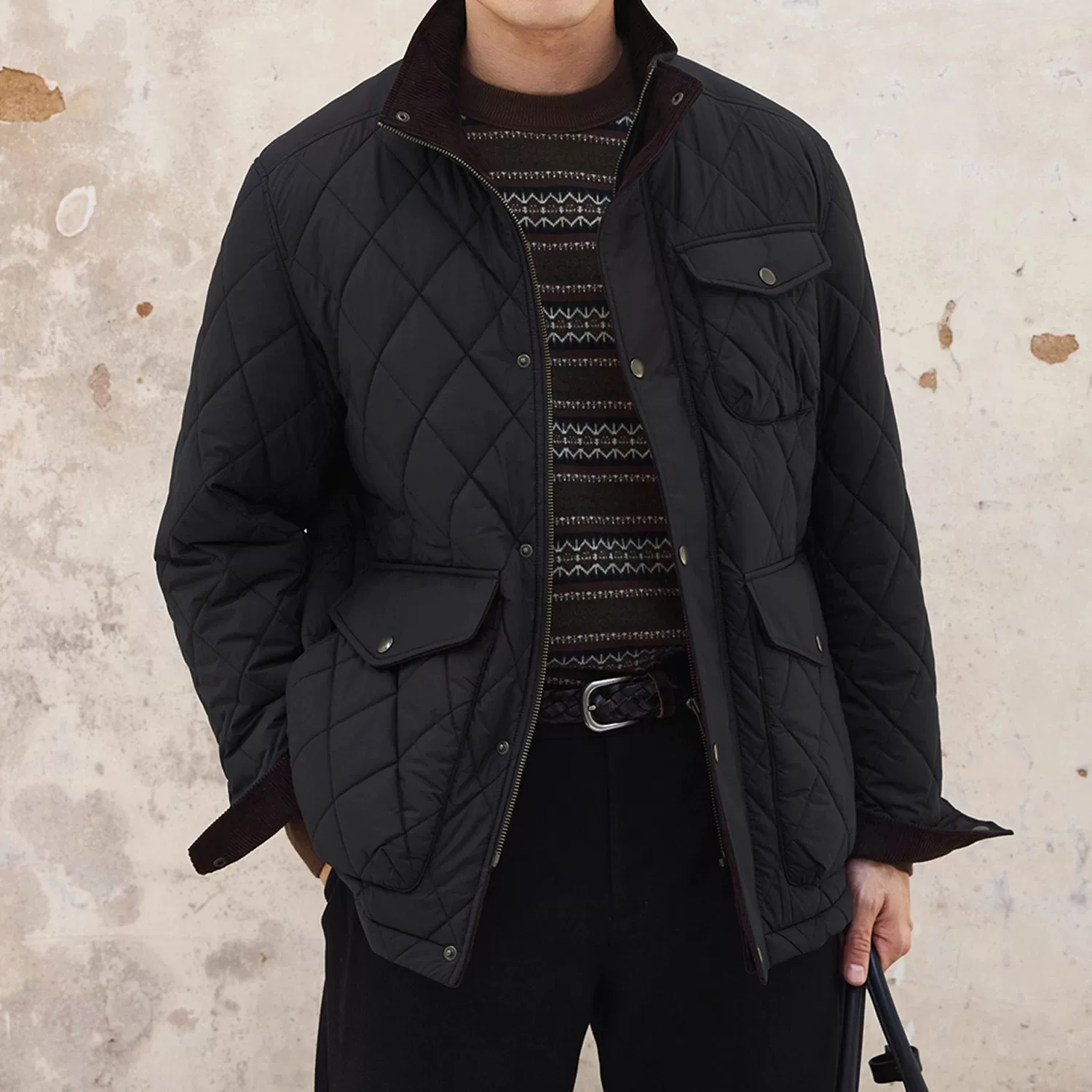 Diamond-Quilted Wool-Cotton Stand Collar Jacket - Image 6