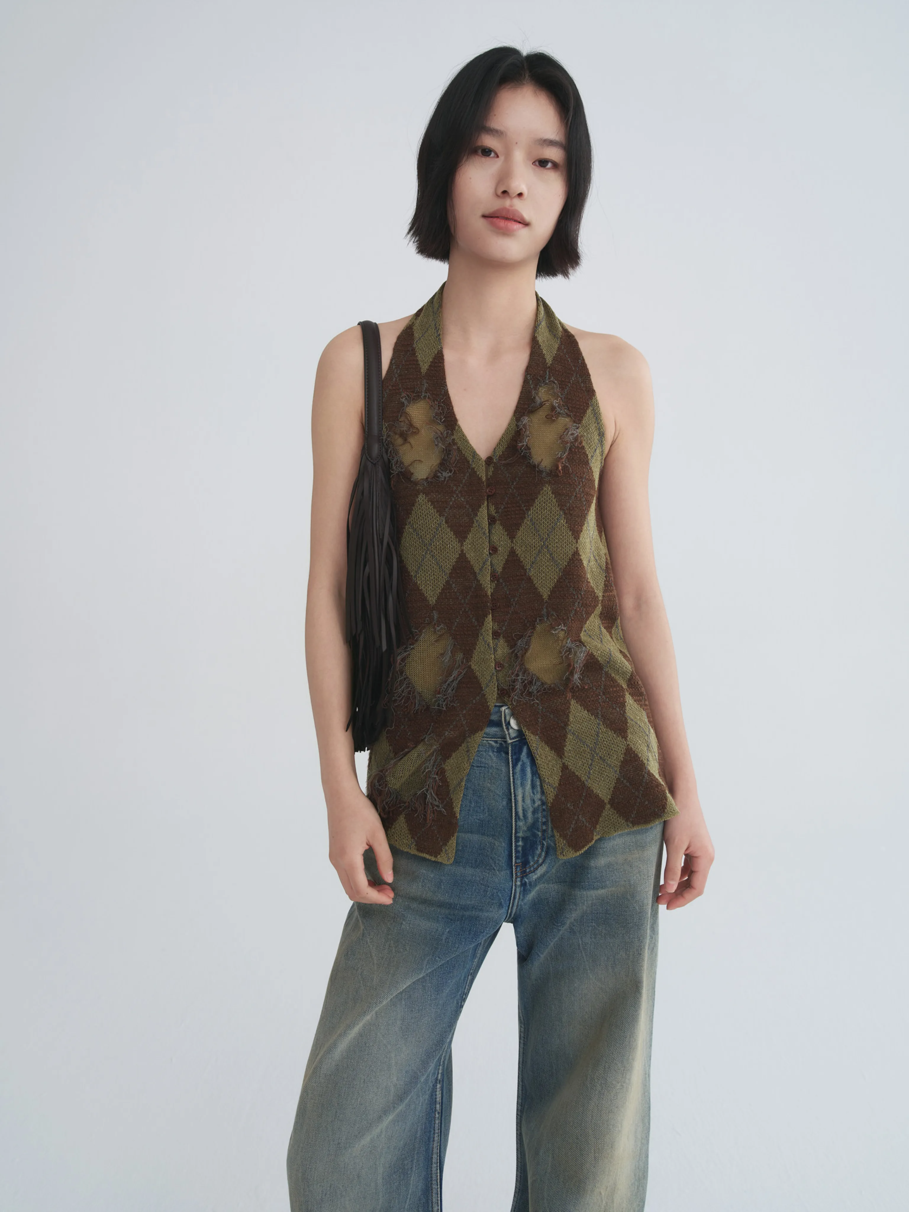 Distressed Argyle Halter Top