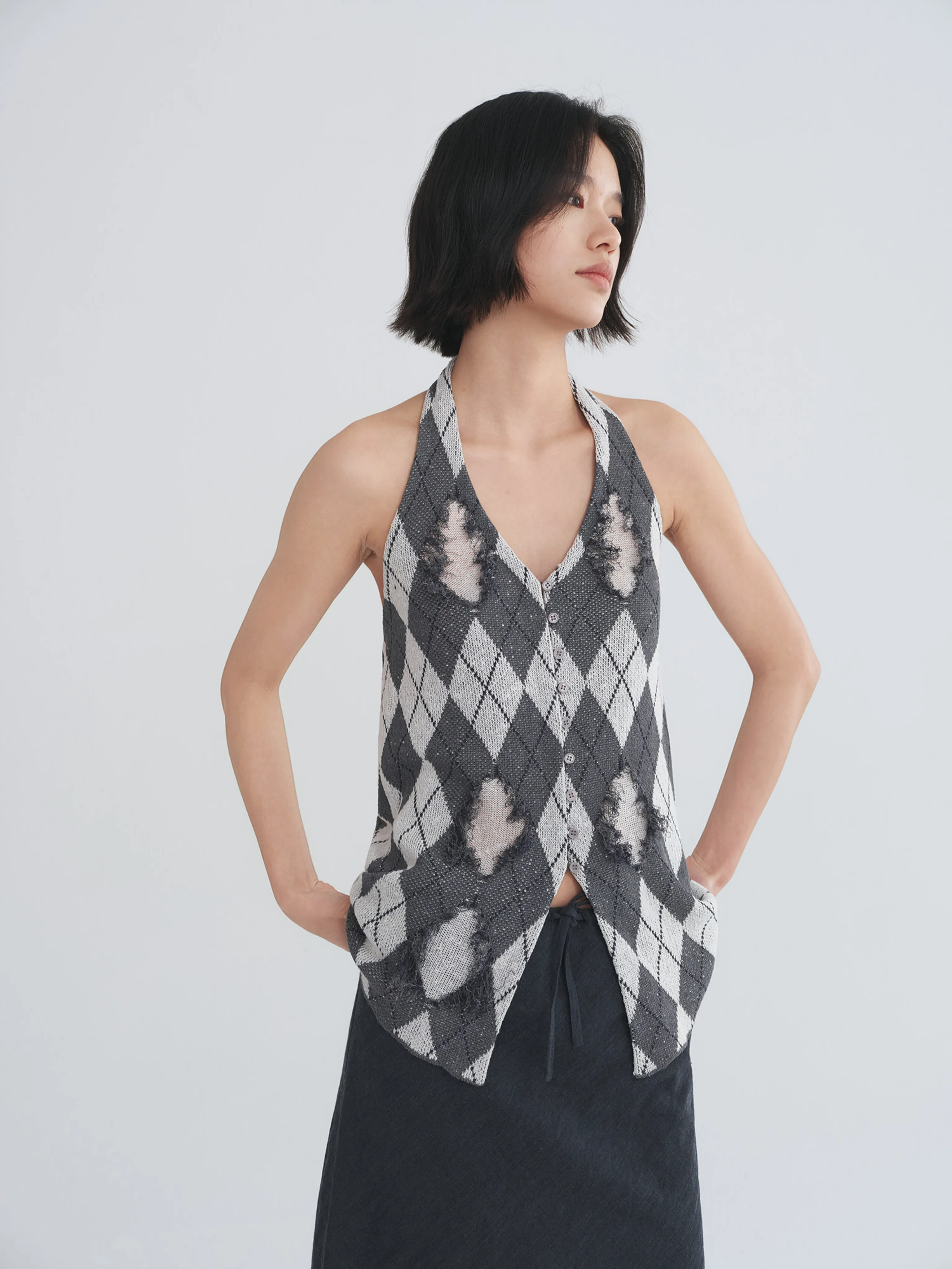 Distressed Argyle Halter Top - Image 2