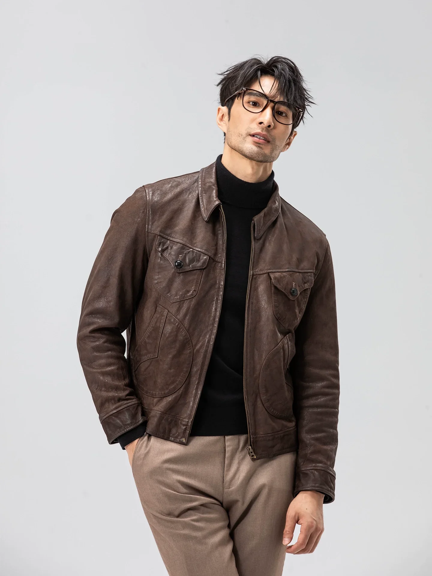Distressed Dark Brown Goatskin Trucker Jacket