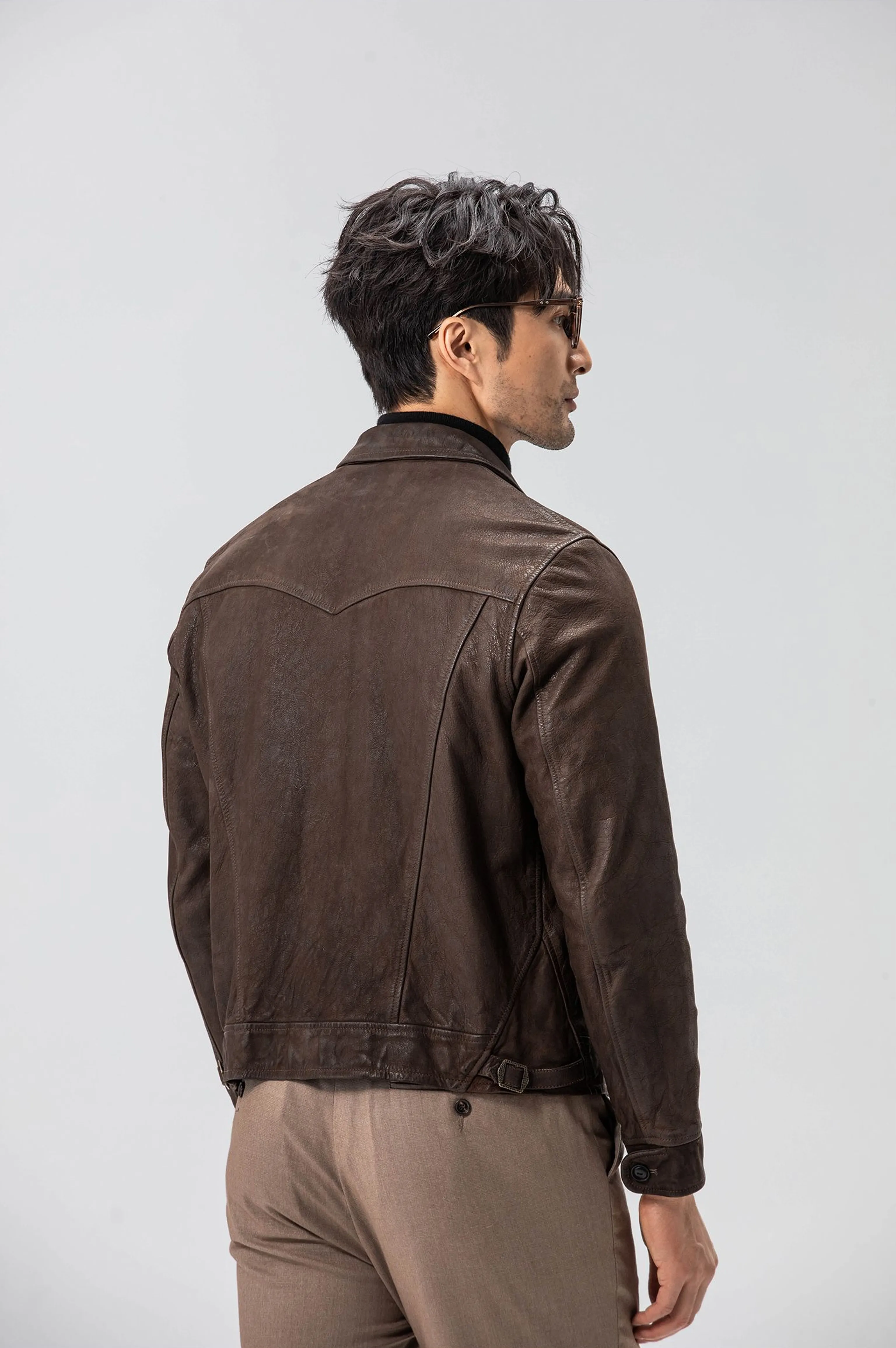 Distressed Dark Brown Goatskin Trucker Jacket - Image 6
