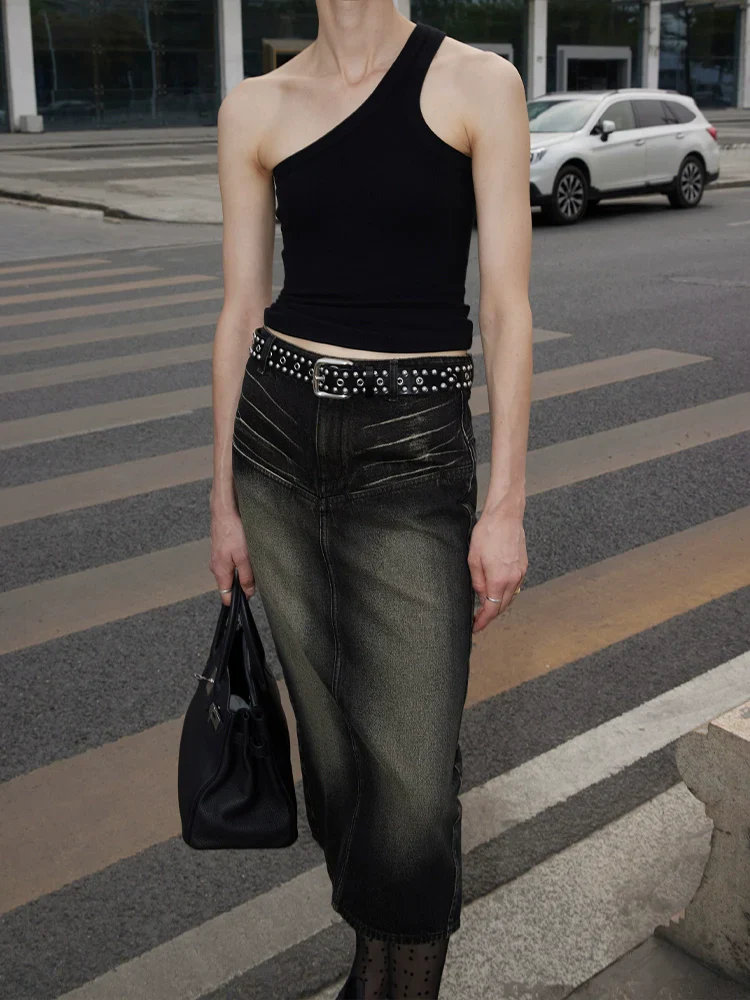Distressed Denim Midi Skirt - Image 2