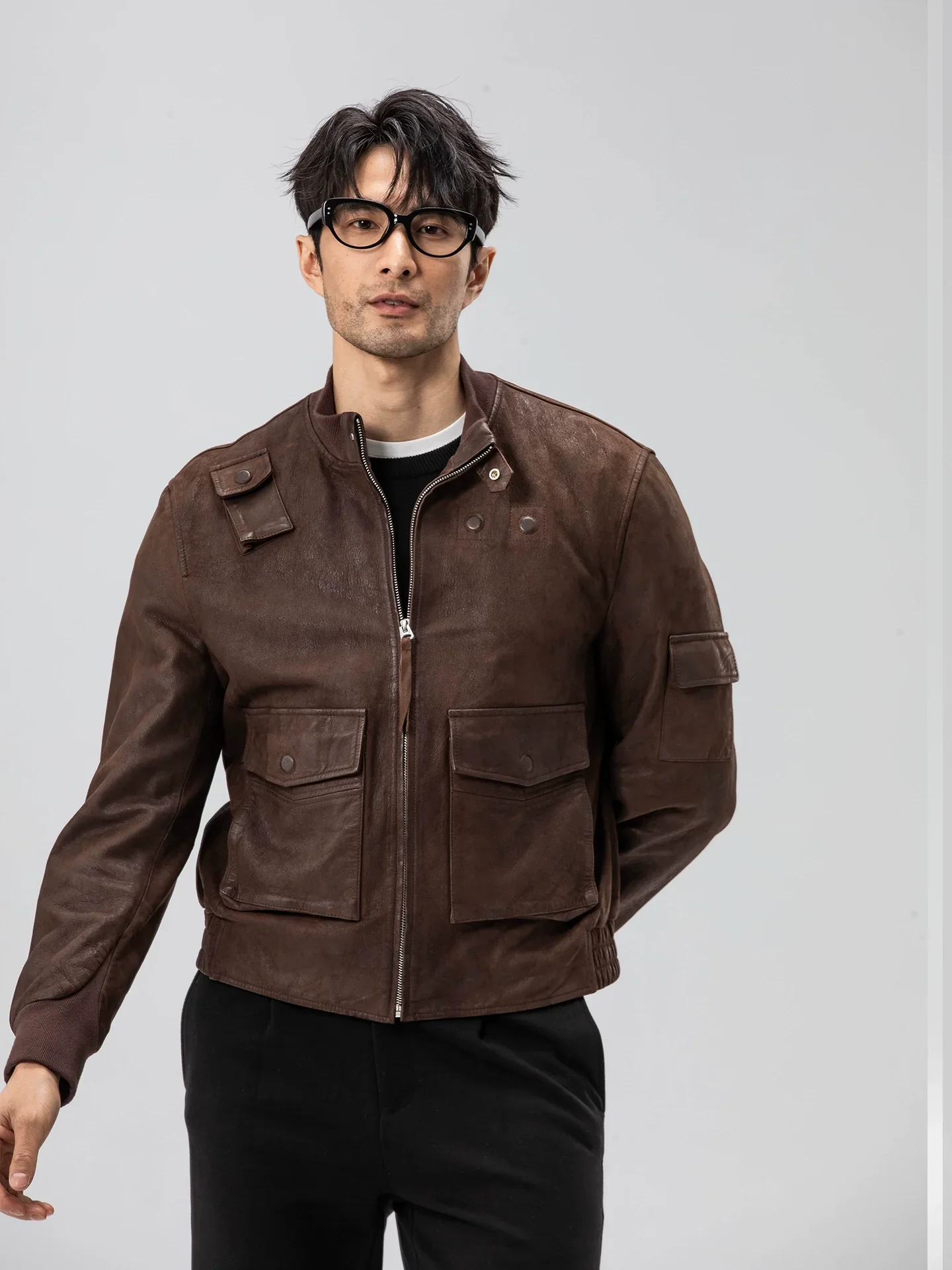 Distressed Goatskin Utility Bomber Jacket - Image 3