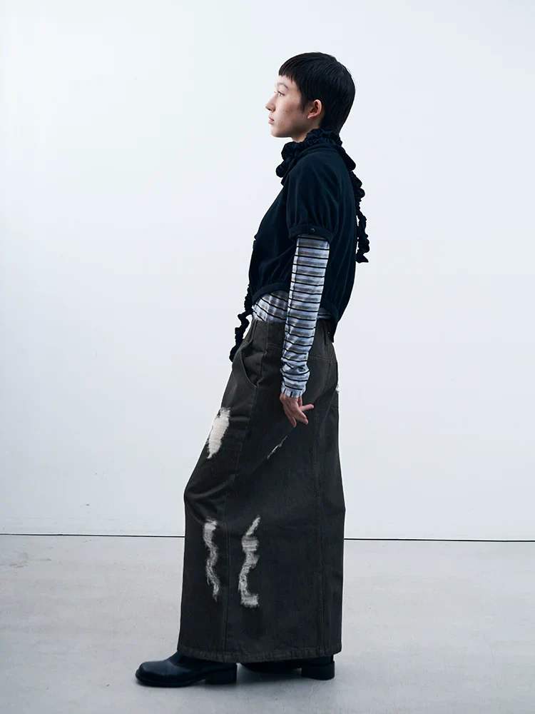 Distressed Gray Denim Midi Skirt - Image 2