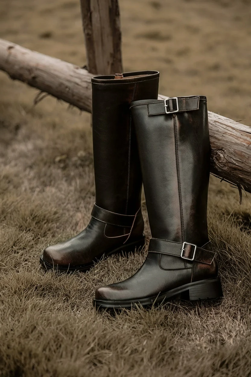 Distressed Knee High Leather Boots - Image 5