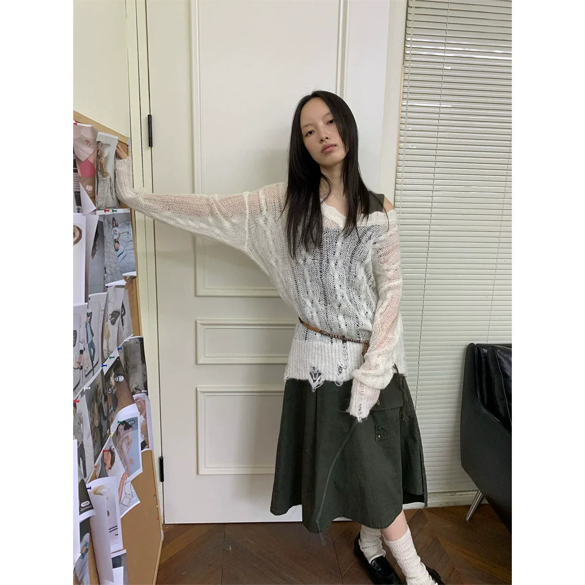 Distressed Knit V-Neck Sweater - Image 2