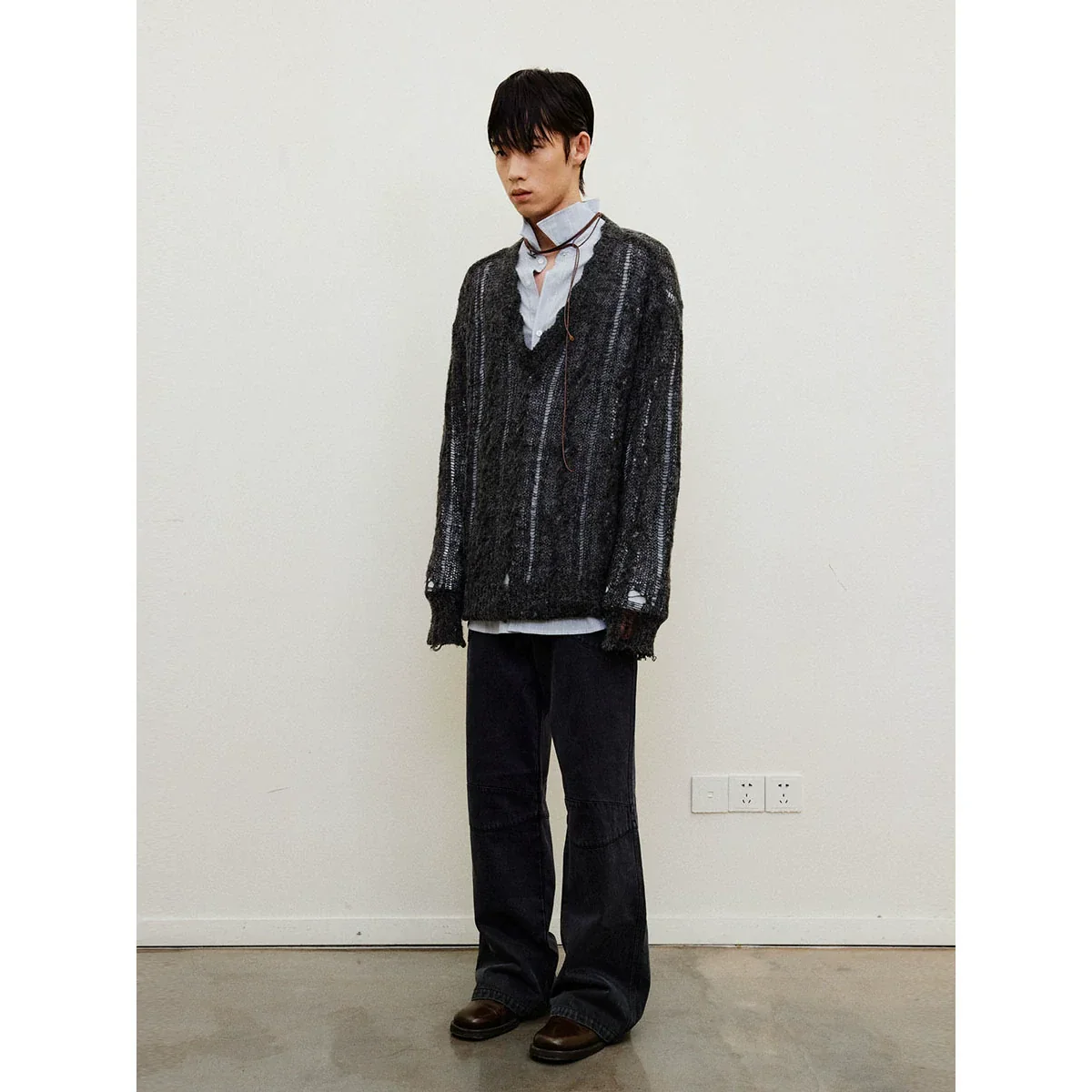 Distressed Knit V-Neck Sweater - Image 3