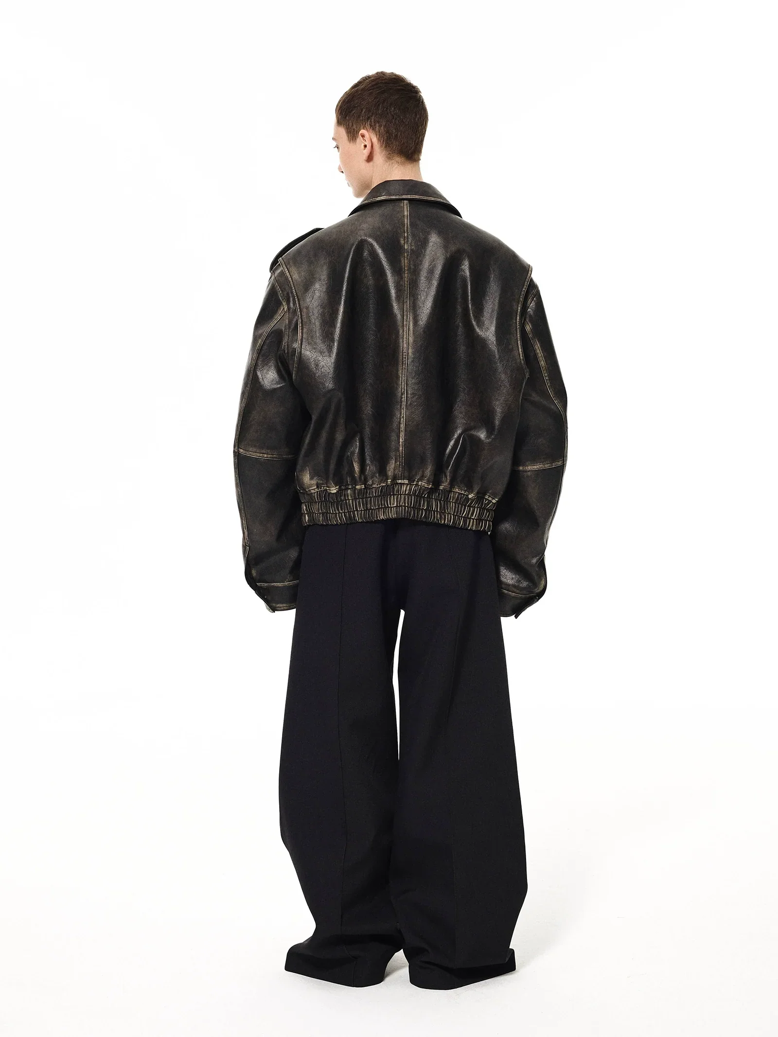Distressed Leather Bomber Jacket - Image 4