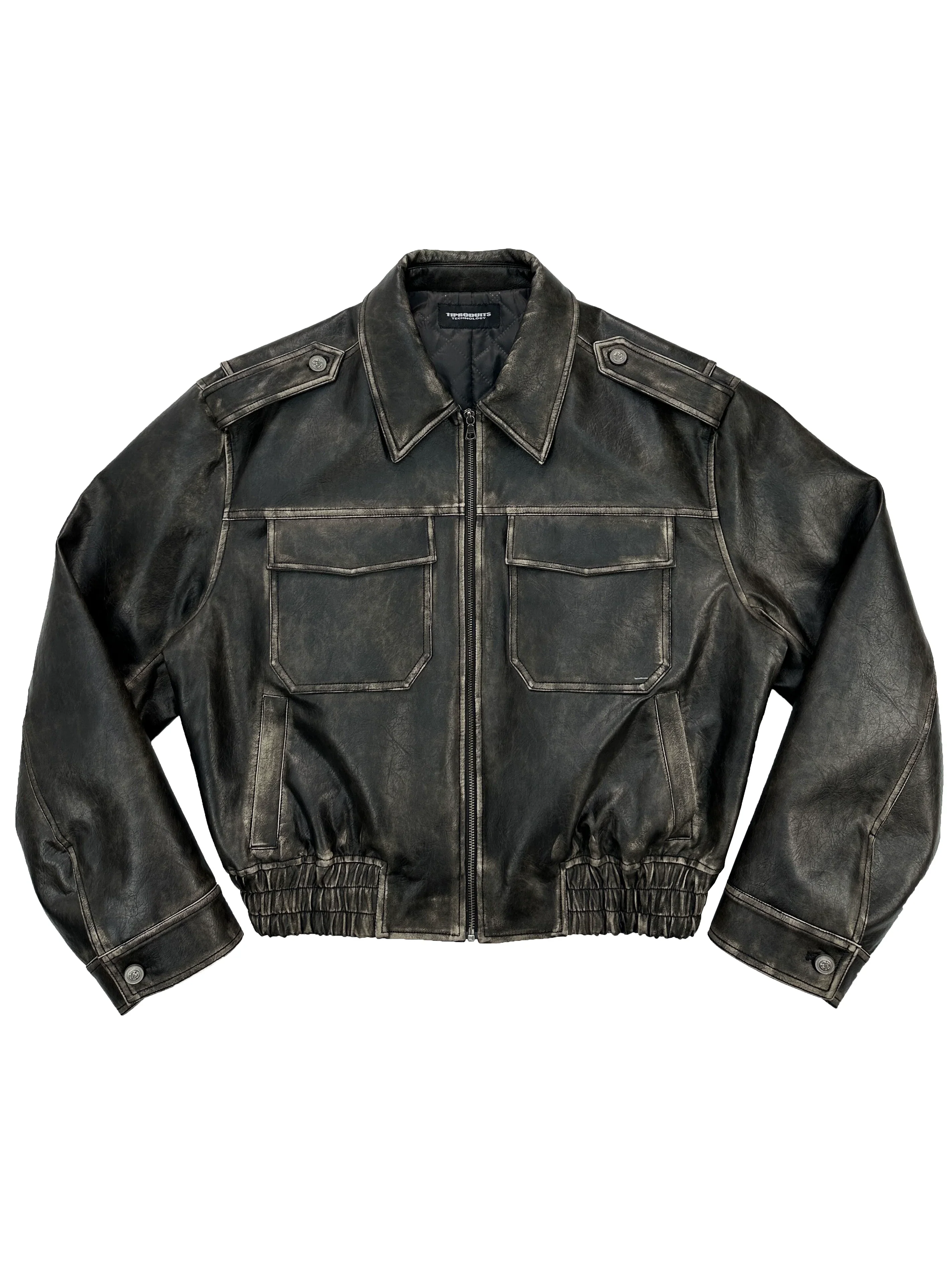 Distressed Leather Bomber Jacket - Image 5