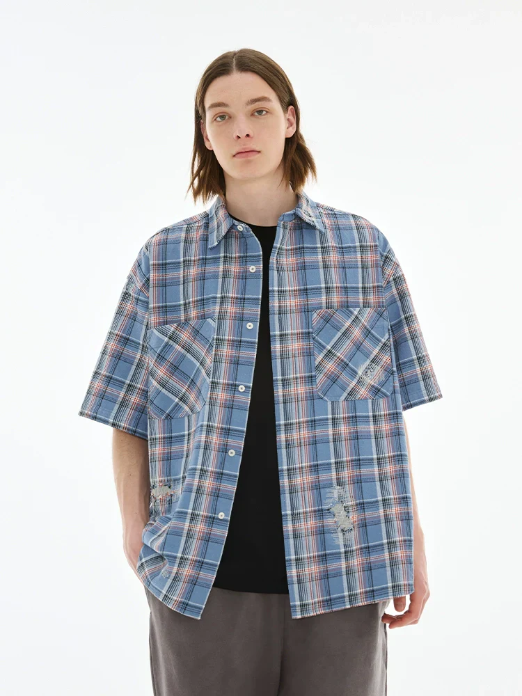 Distressed Plaid Short-Sleeve Shirt