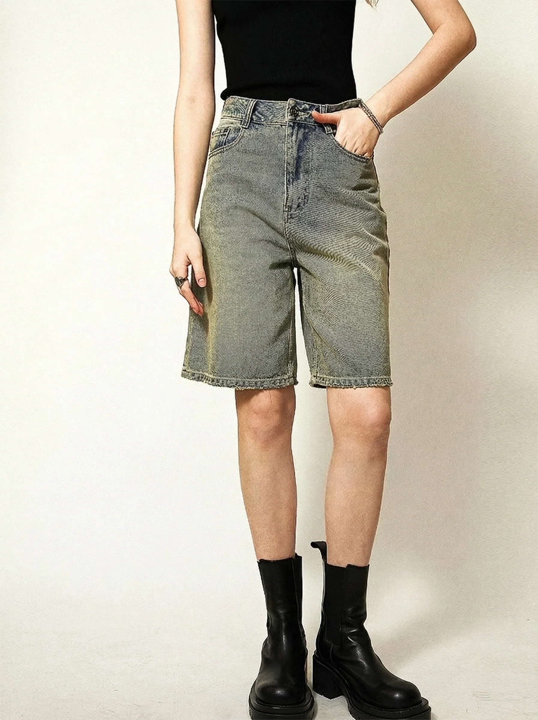 Distressed Vintage Denim Bermuda Shorts - Image 4