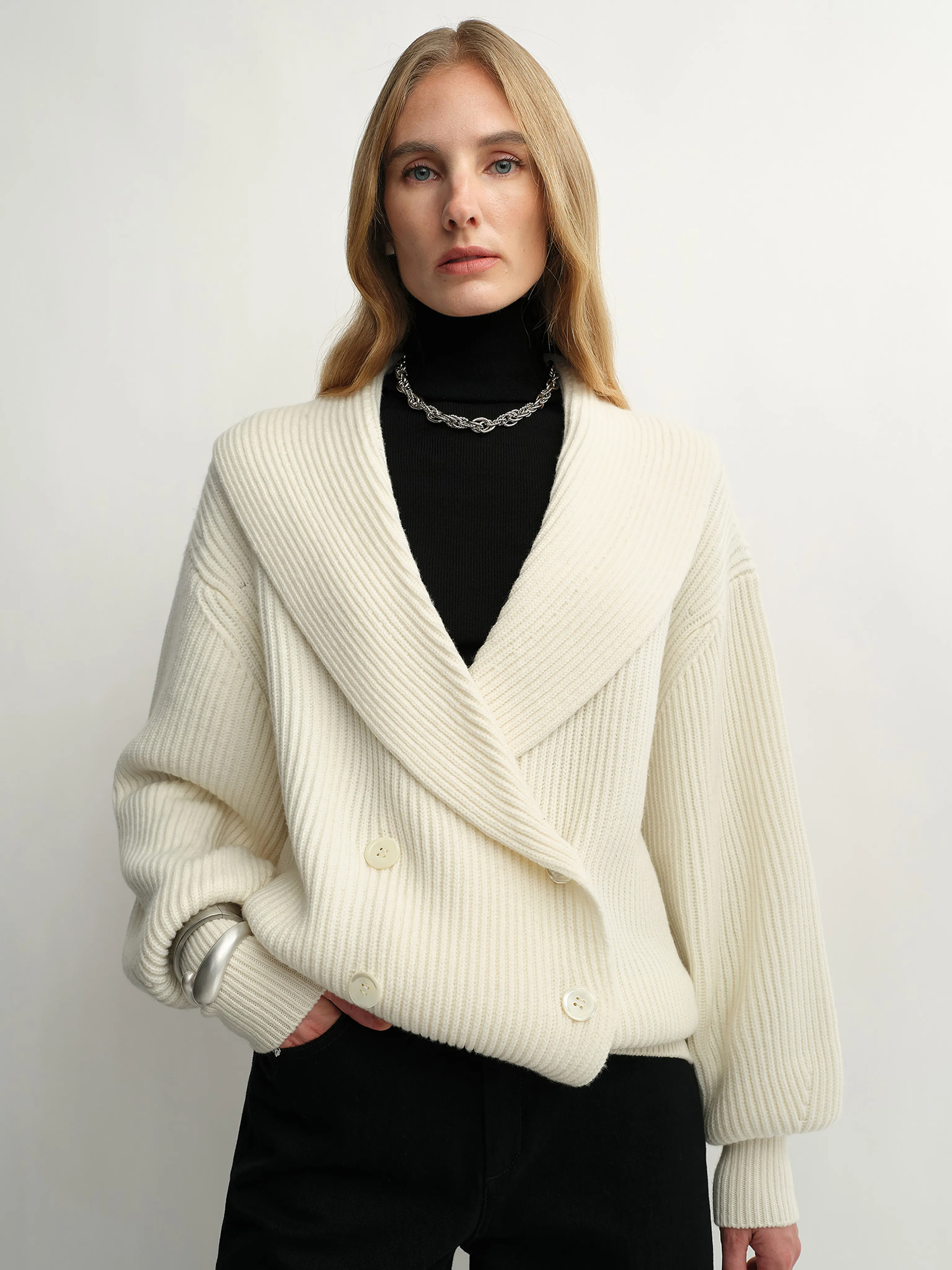 Double-Breasted Ribbed Wool Shawl-Collar Cardigan