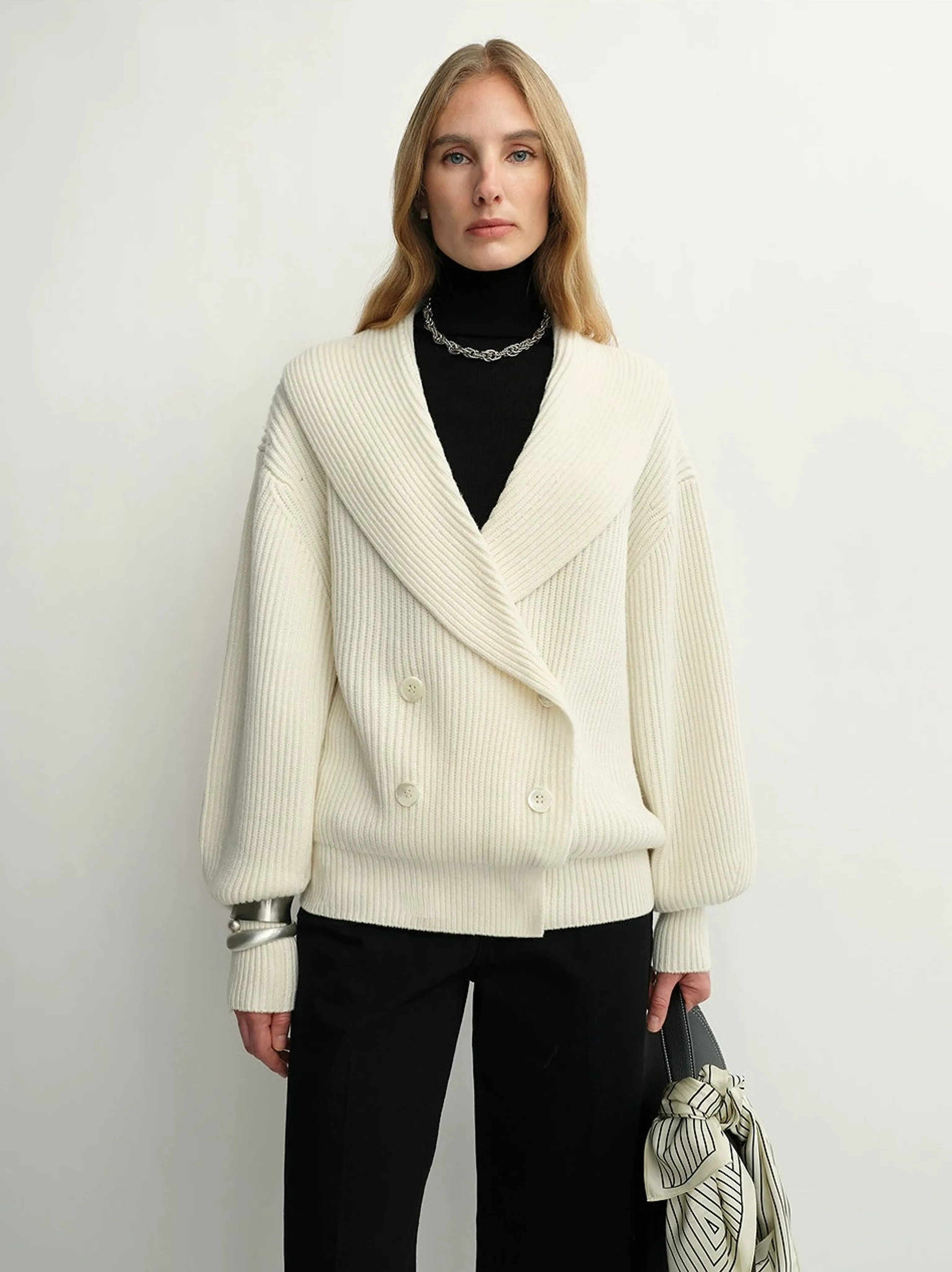 Double-Breasted Ribbed Wool Shawl-Collar Cardigan - Image 5