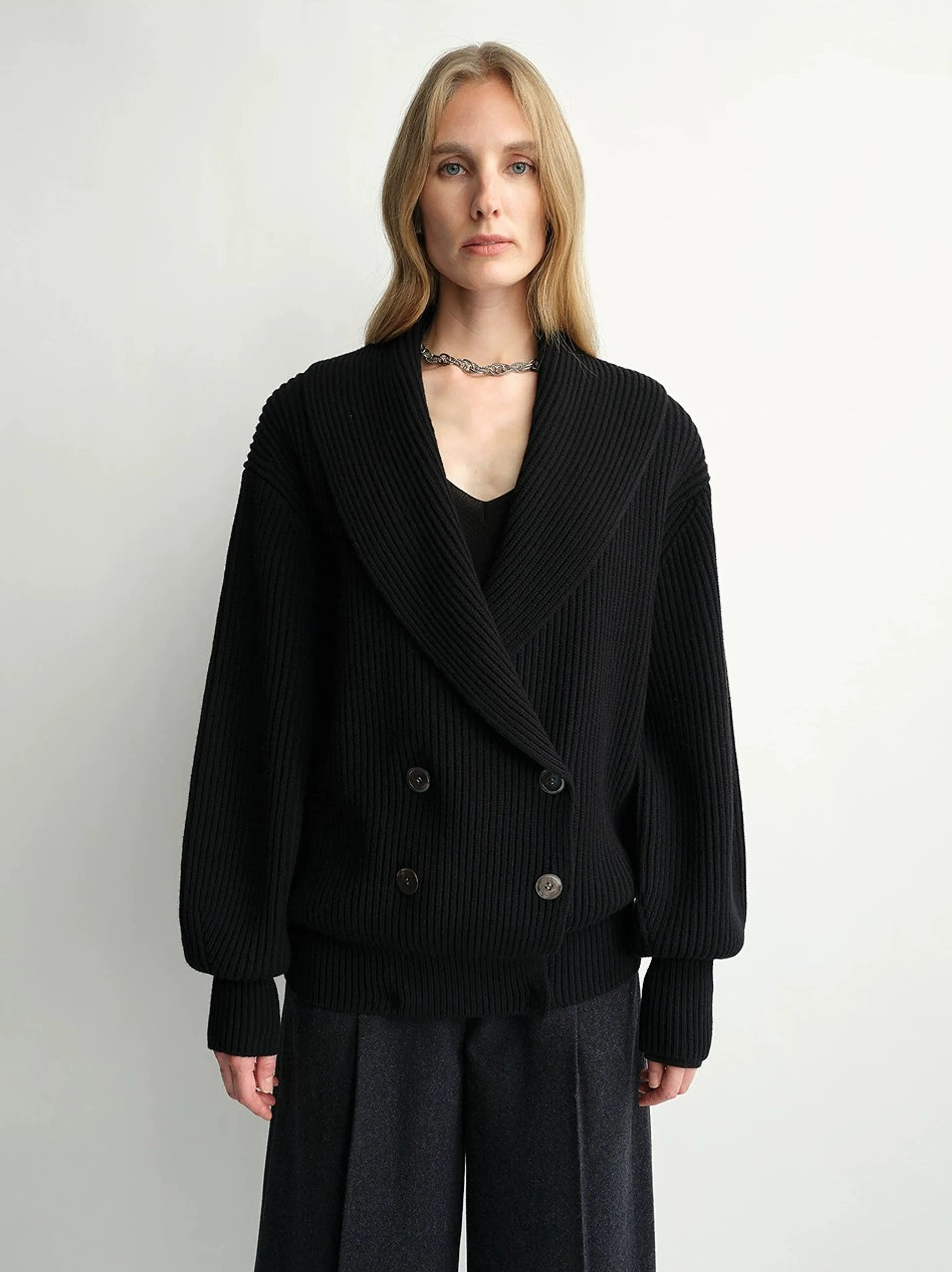 Double-Breasted Ribbed Wool Shawl-Collar Cardigan - Image 6