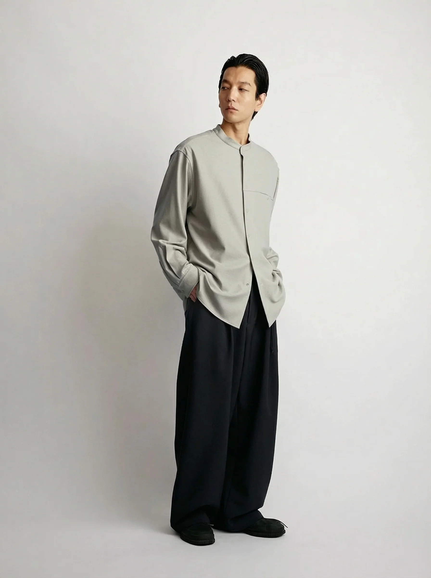 Double-Faced Brushed Band-Collar Shirt - Image 7