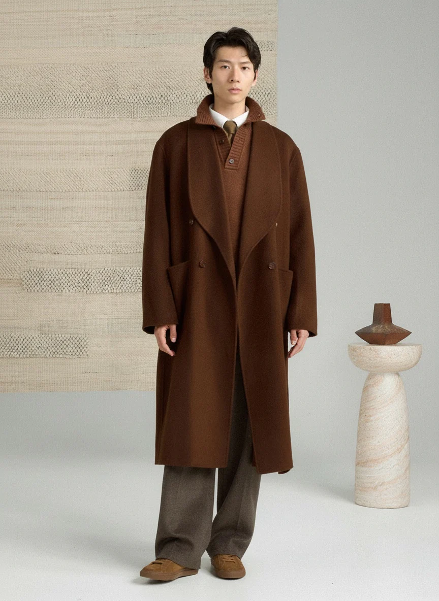 Double-Faced Camel Hair & Wool Shawl Collar Coat - Image 2