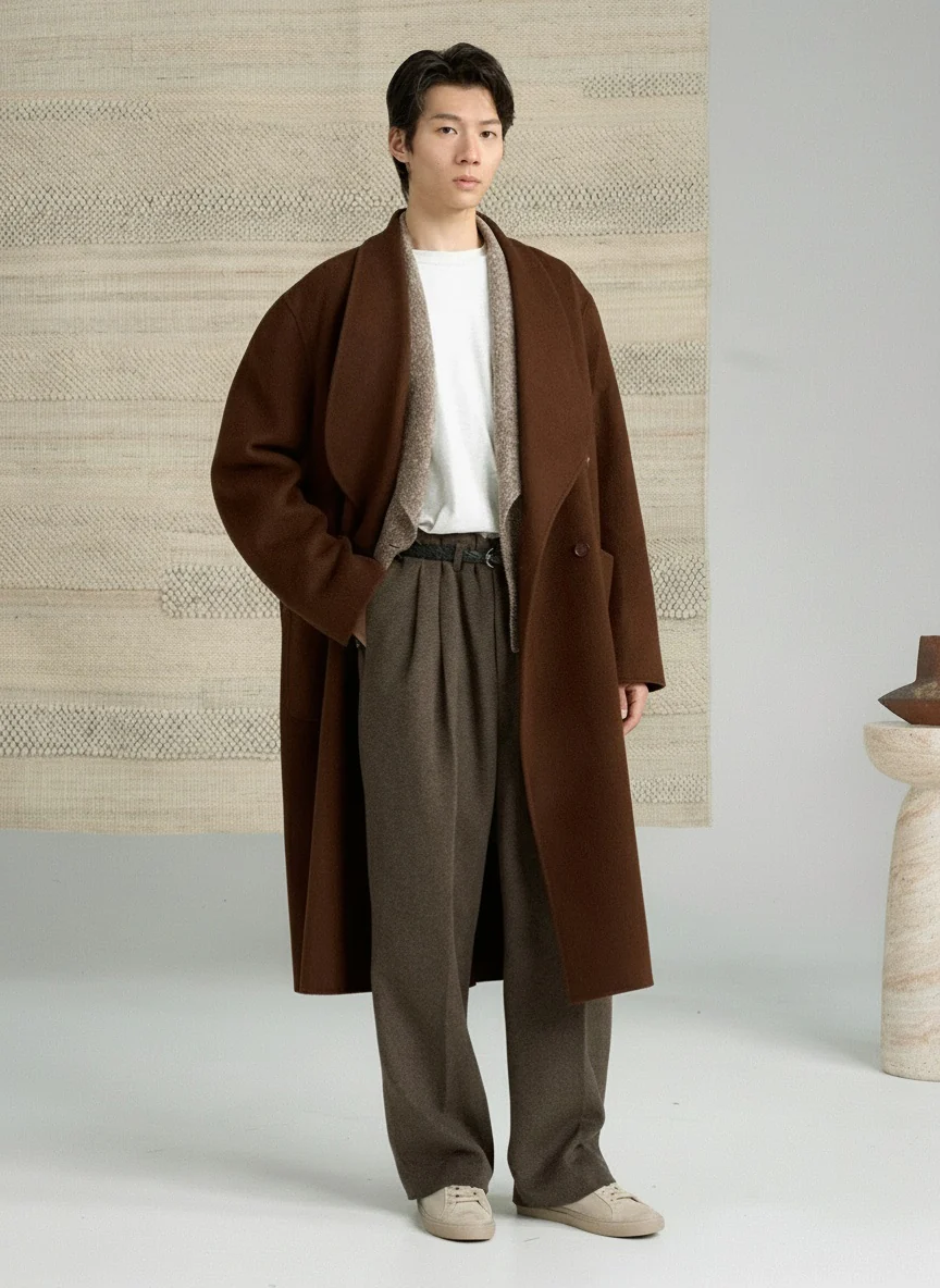 Double-Faced Camel Hair & Wool Shawl Collar Coat - Image 3