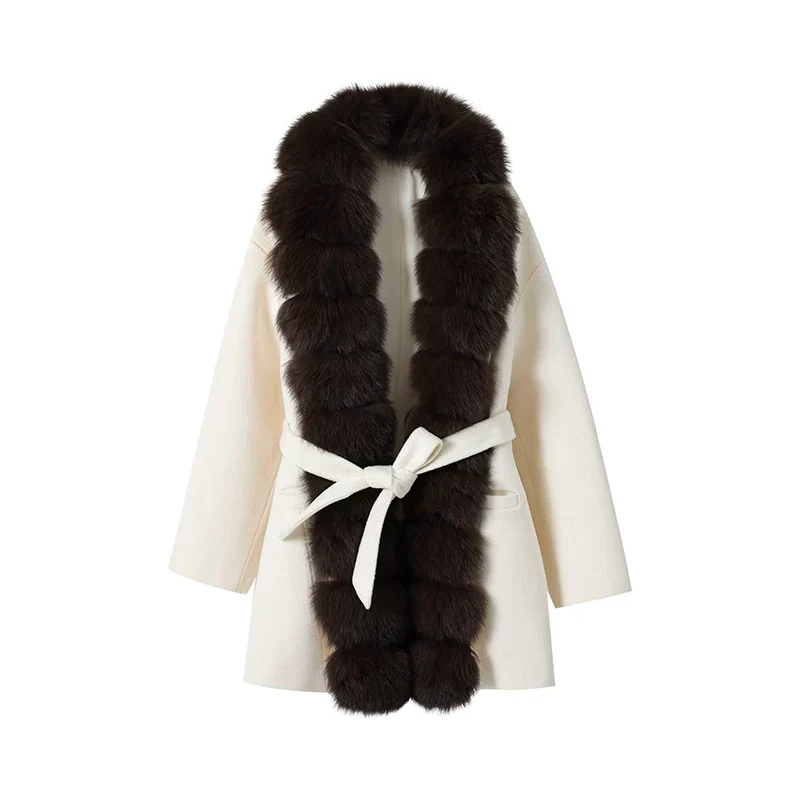 Double-Faced Cashmere Wool Belted Coat with Fox Fur Collar