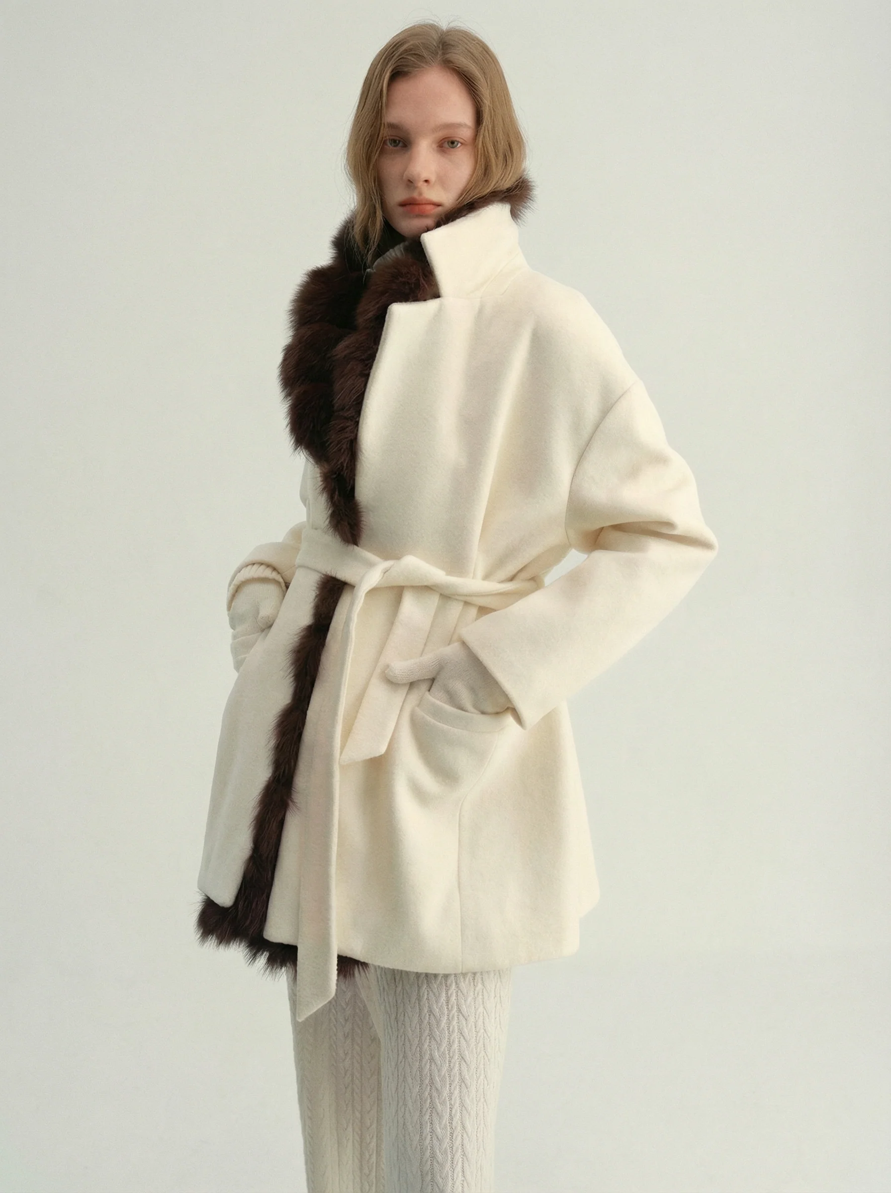 Double-Faced Cashmere Wool Belted Coat with Fox Fur Collar - Image 3