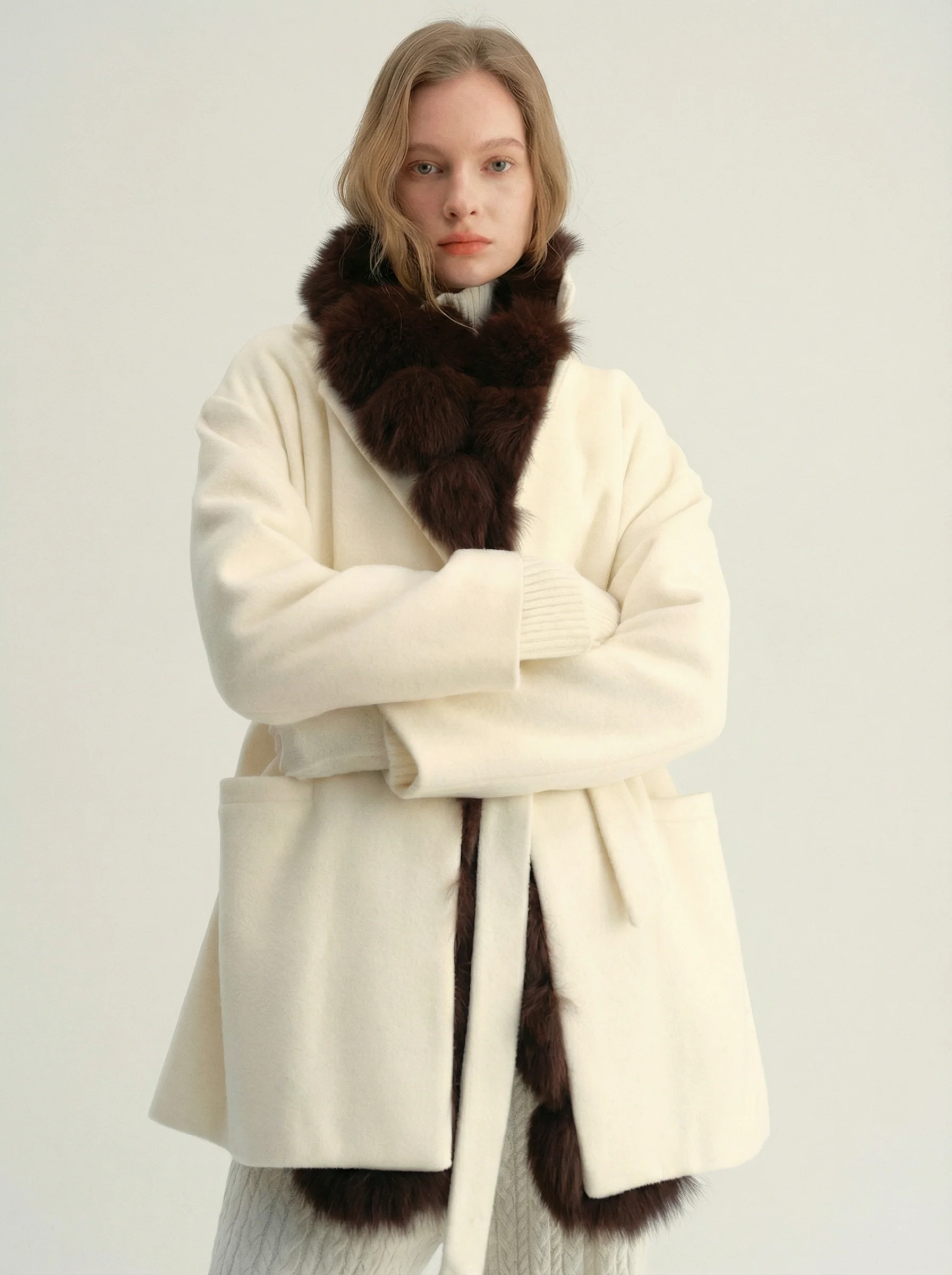 Double-Faced Cashmere Wool Belted Coat with Fox Fur Collar - Image 5