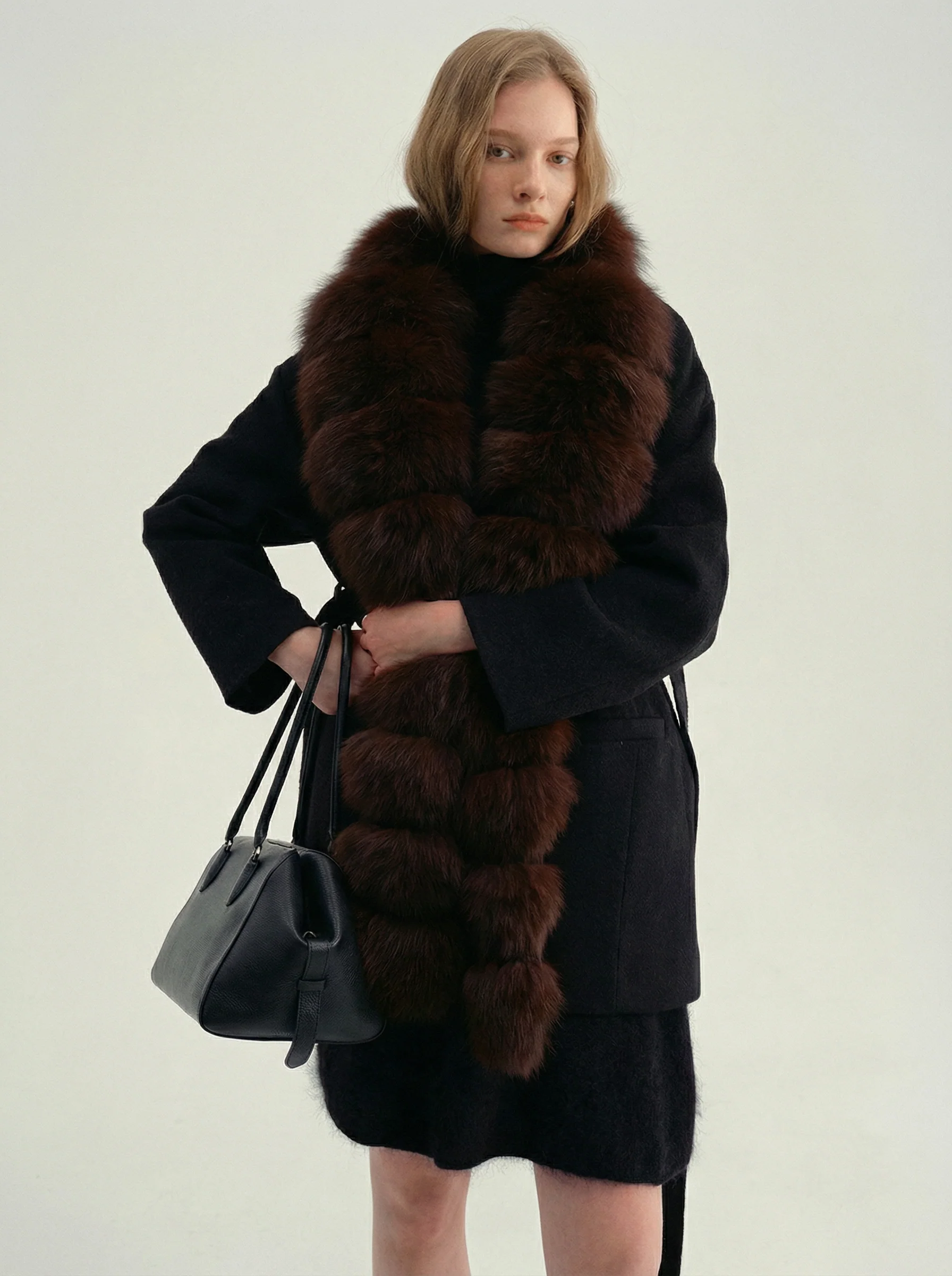 Double-Faced Cashmere Wool Belted Coat with Fox Fur Collar - Image 6