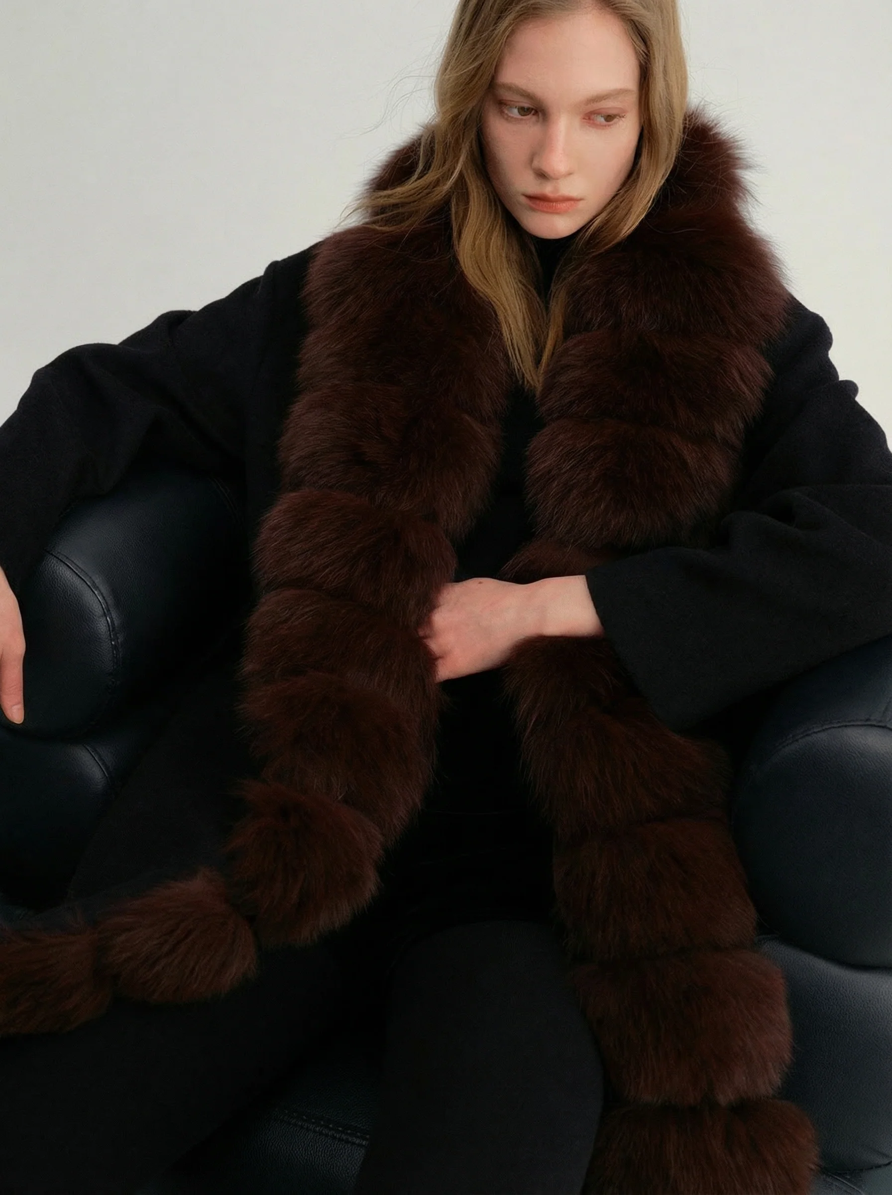Double-Faced Cashmere Wool Belted Coat with Fox Fur Collar - Image 8