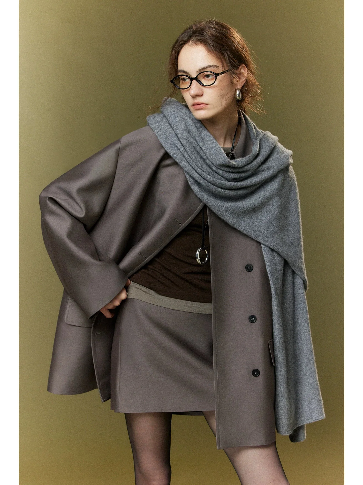 Double-Faced Mulberry Silk-Wool Short Coat & Mini Skirt Set - Image 4