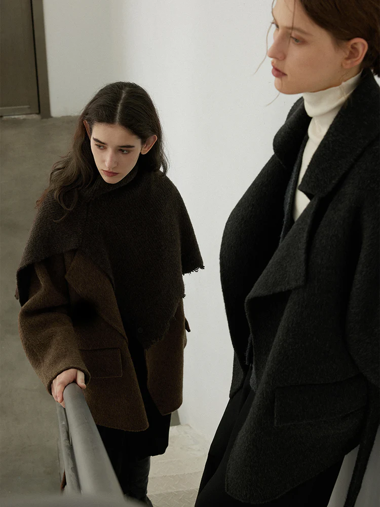 Double-Layer Lapel Belted Wool-Blend Coat - Image 3