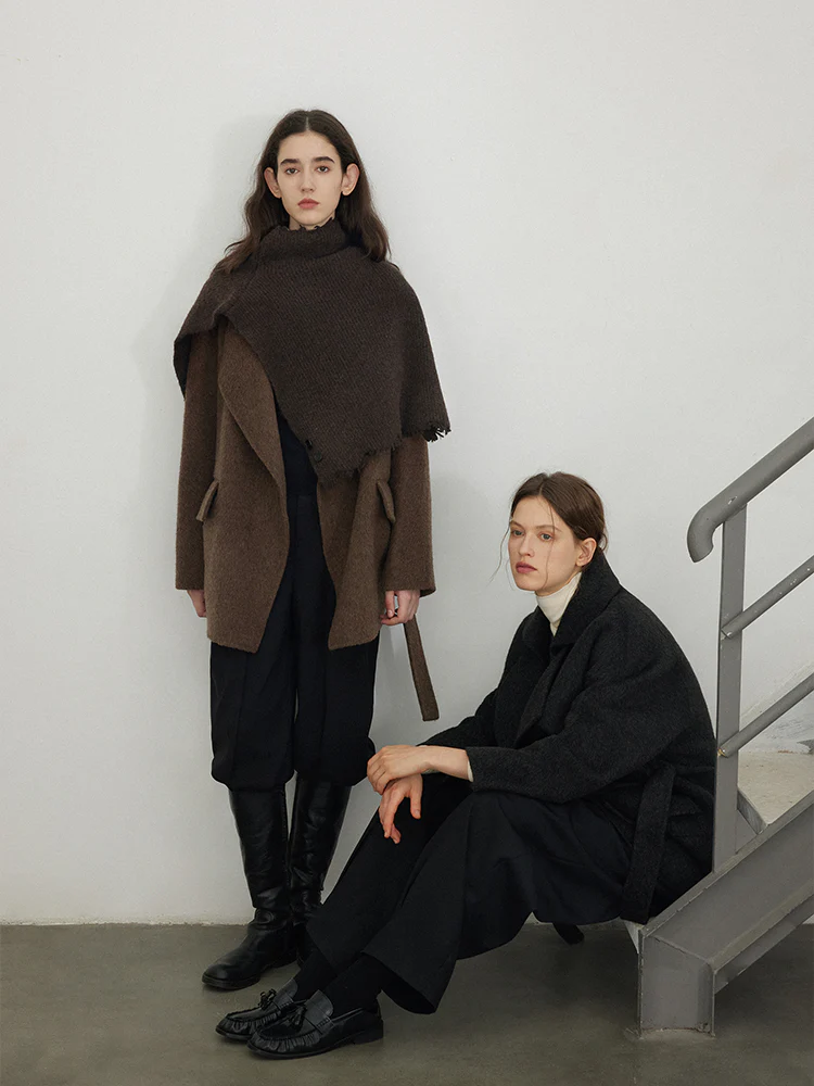 Double-Layer Lapel Belted Wool-Blend Coat - Image 5