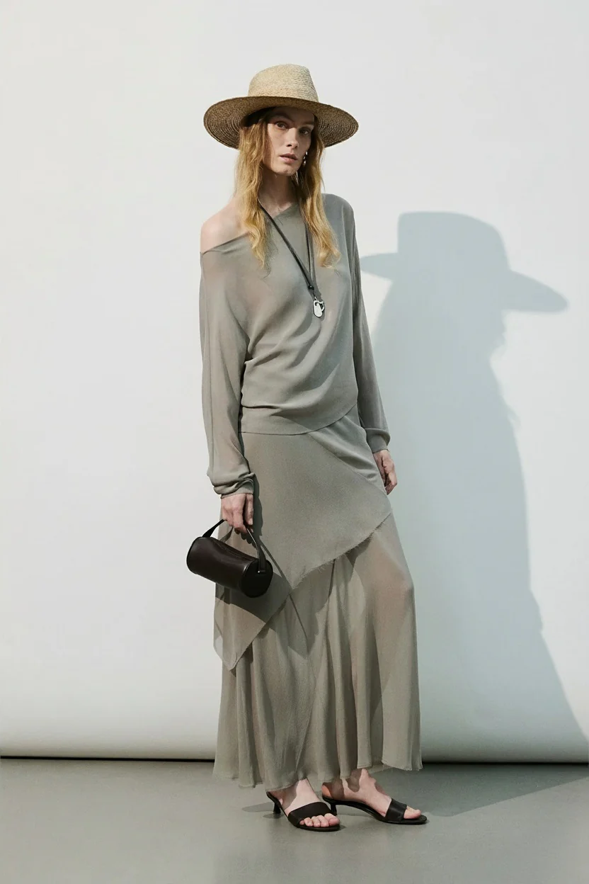 Draped One-Shoulder Top & Layered Maxi Skirt Set - Image 6