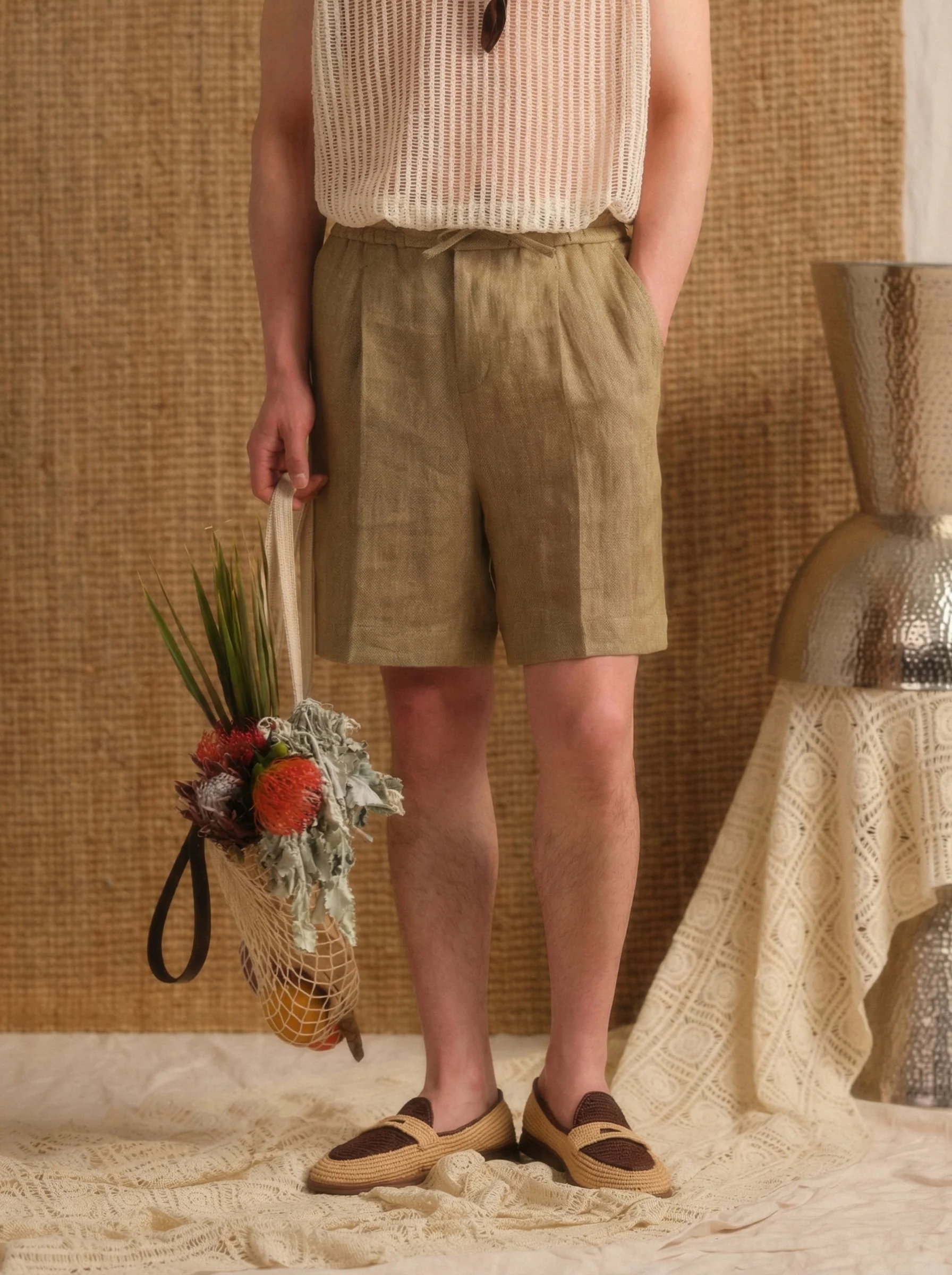 Drawstring Pleat Linen Shorts