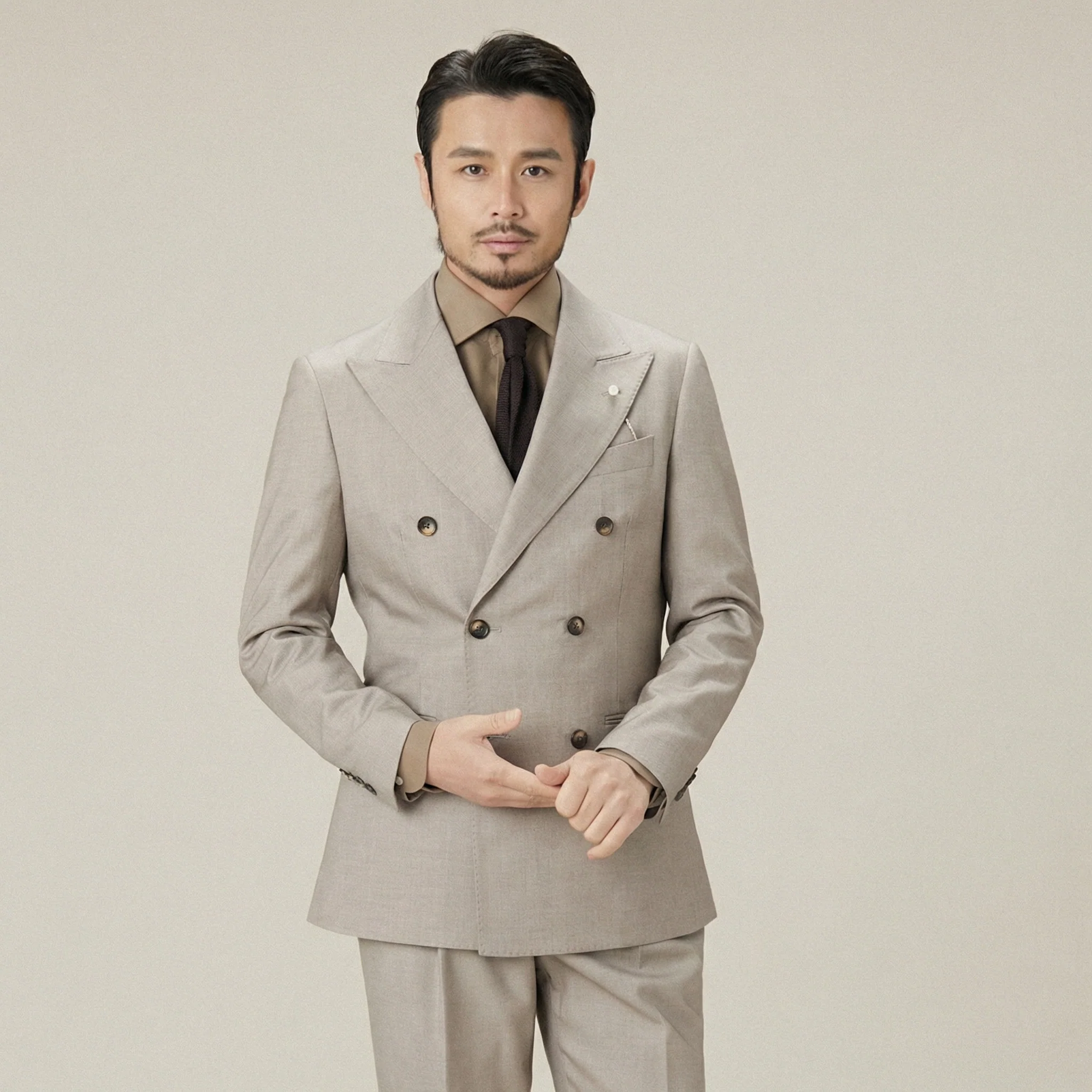Earth-Tone Double-Breasted Peak Lapel Suit - Image 5