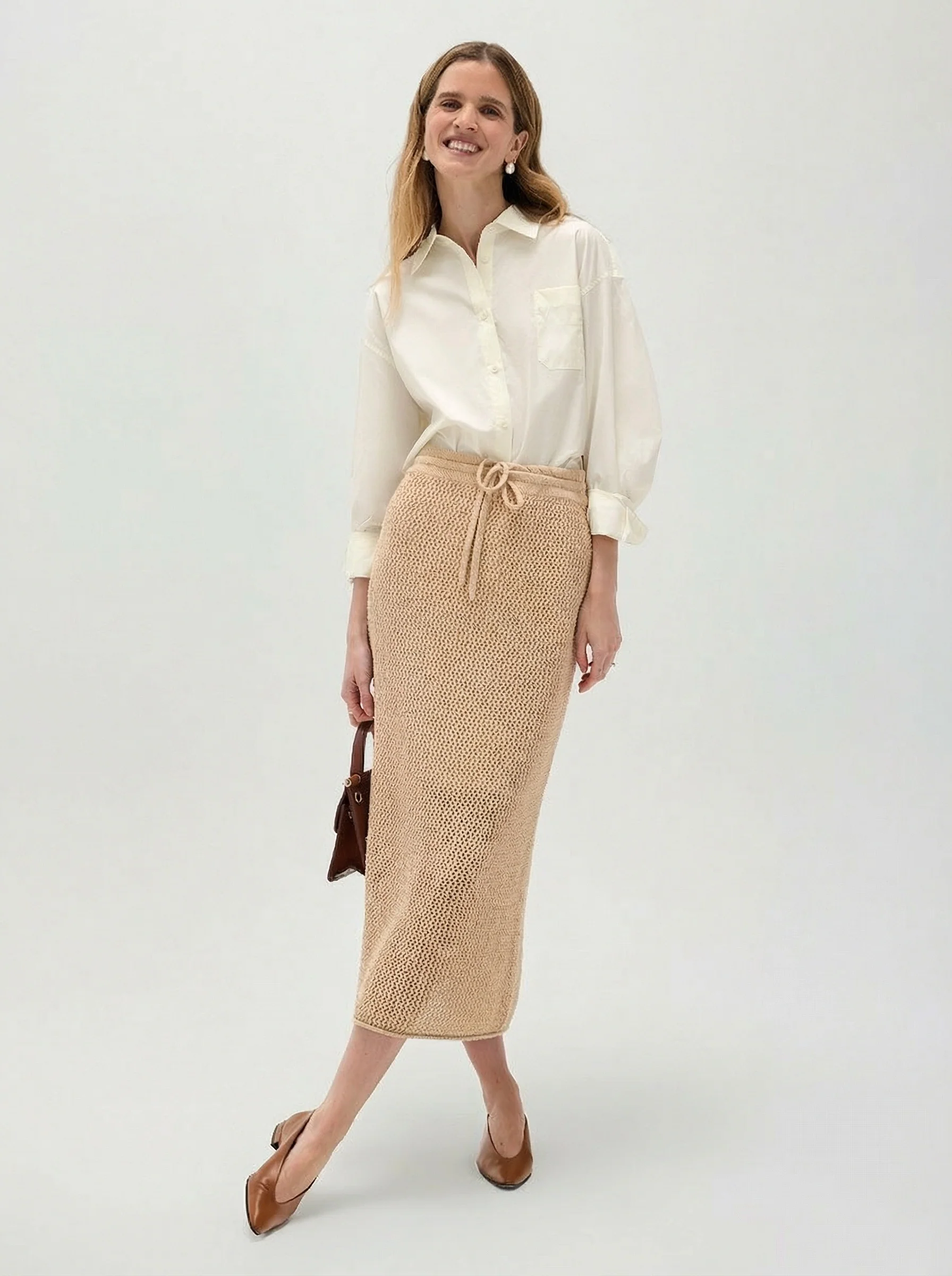 Eileen Open-Knit Drawstring Midi Skirt