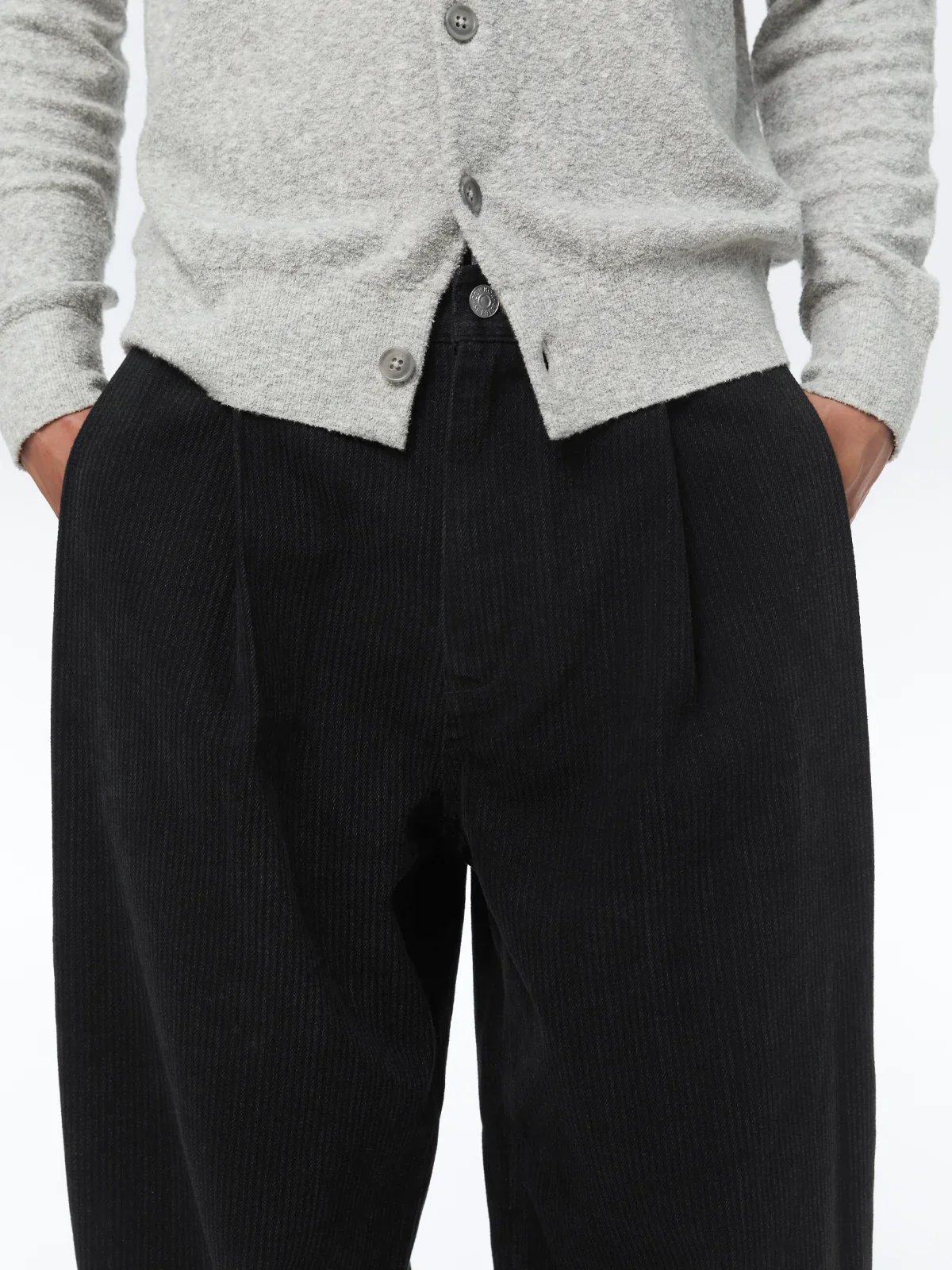Embossed Striped Double-Pleated Denim Trousers