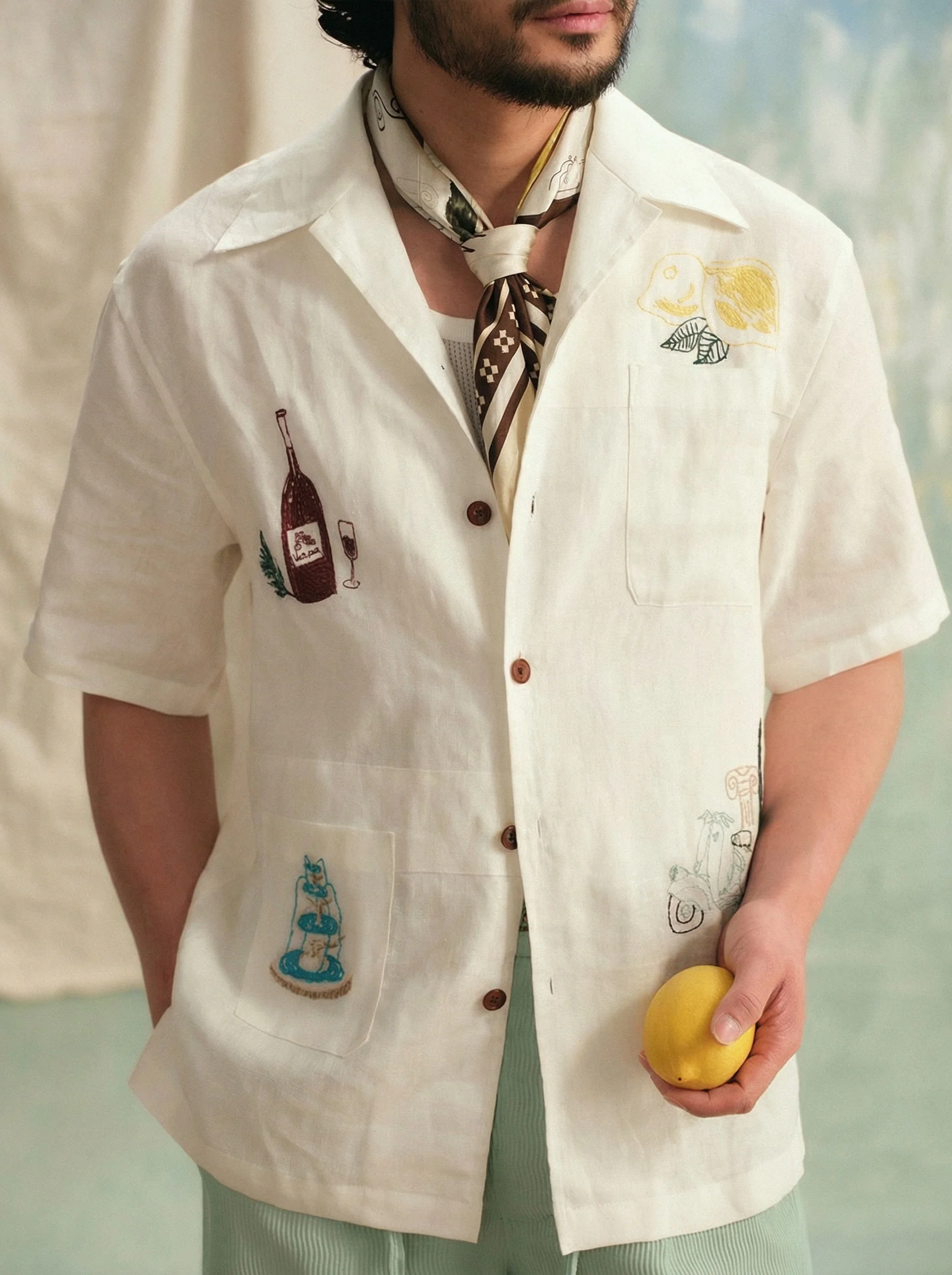 Embroidered Cuban Collar Linen Shirt