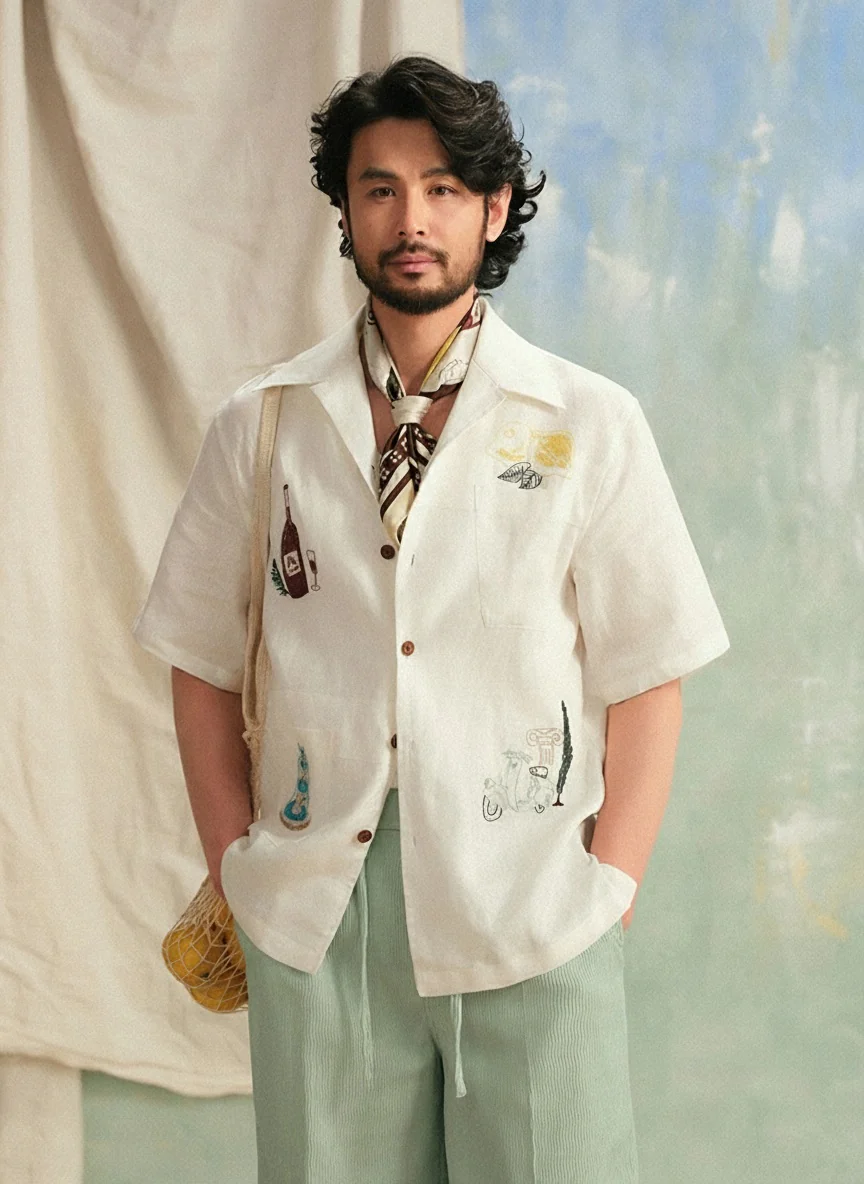 Embroidered Cuban Collar Linen Shirt - Image 2