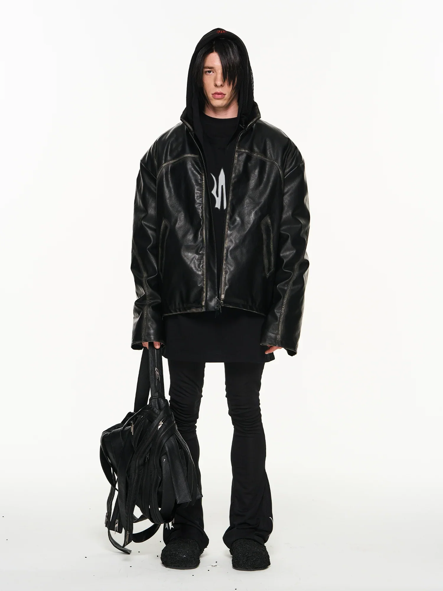 Embroidered Hooded Faux Leather Jacket - Image 2