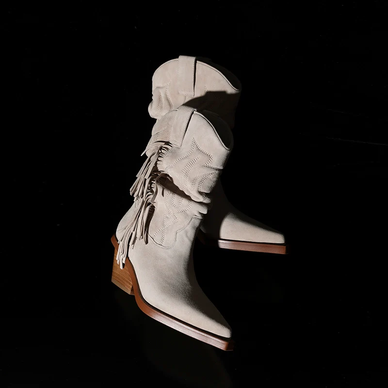Embroidered Suede Fringe Boots - Image 5