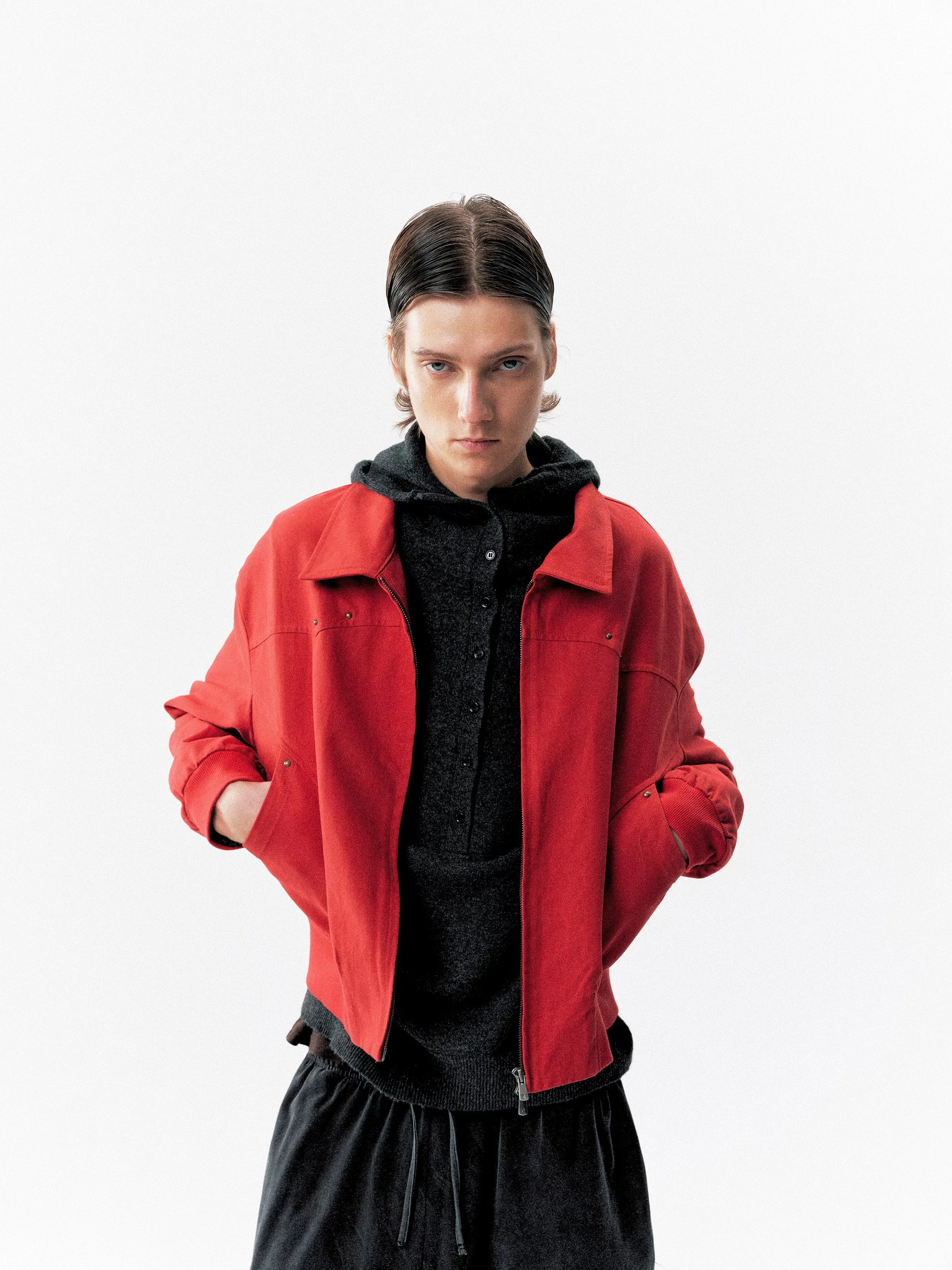 Faded Red Cropped Canvas Rivet Jacket - Image 2