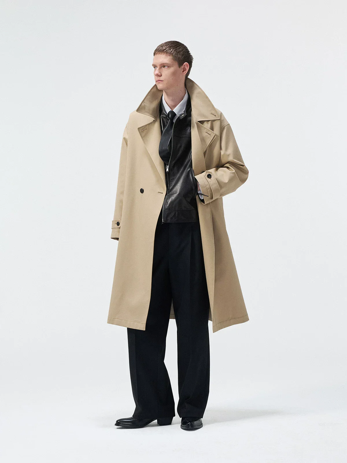 Faux Leather-Collar Trench Coat