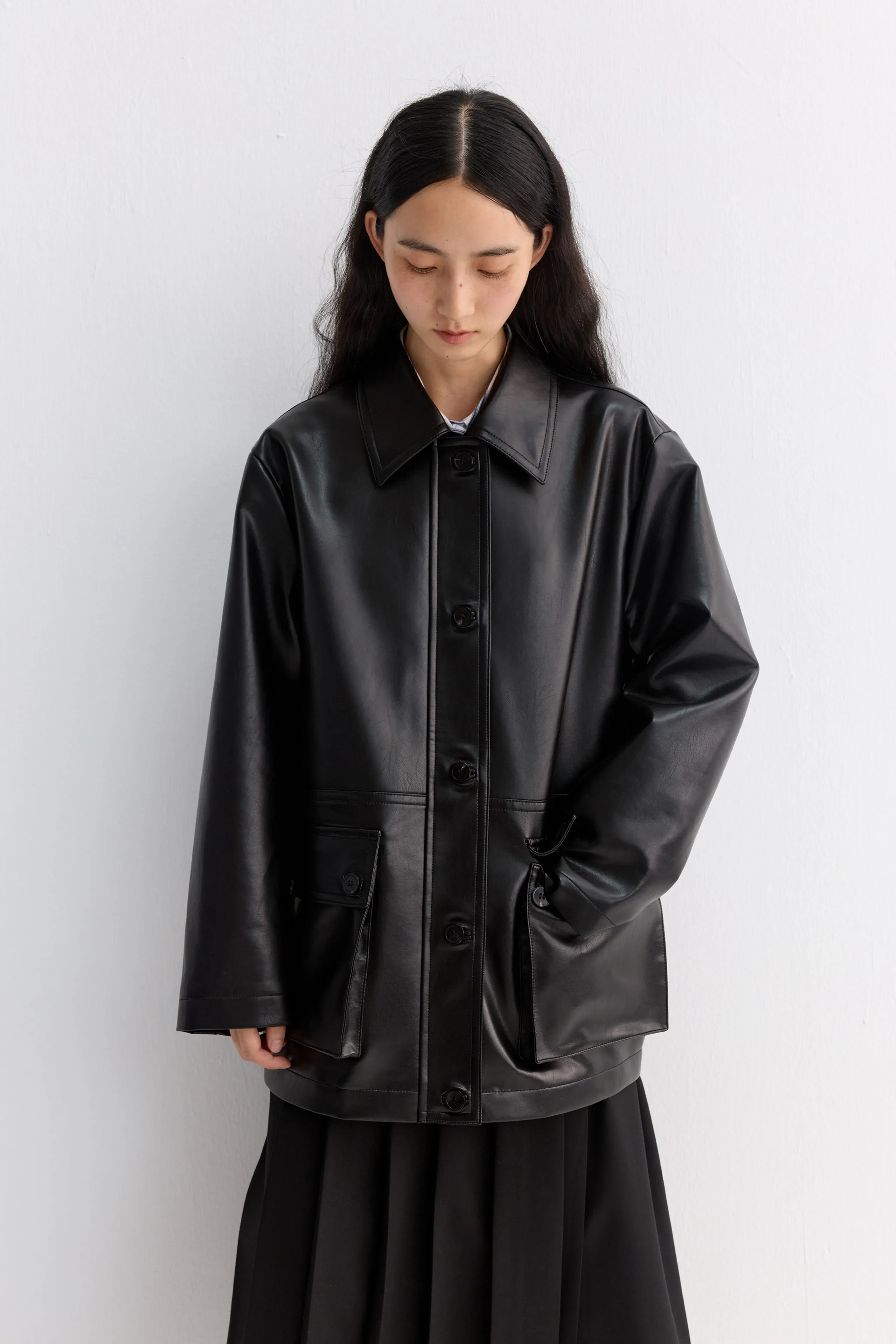 Faux Leather-Effect Car Coat