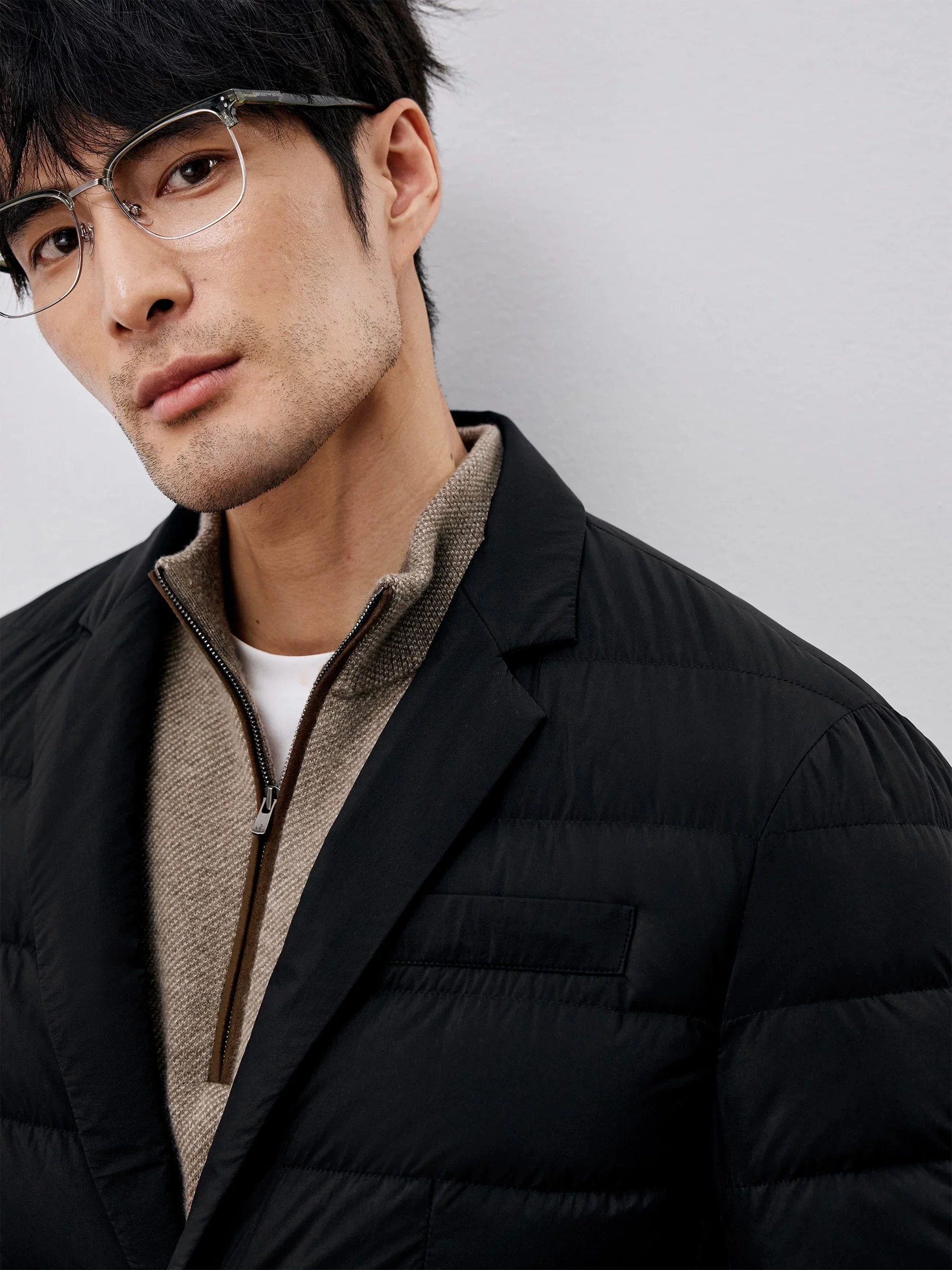 Faux Leather-Trim Goose Down Blazer
