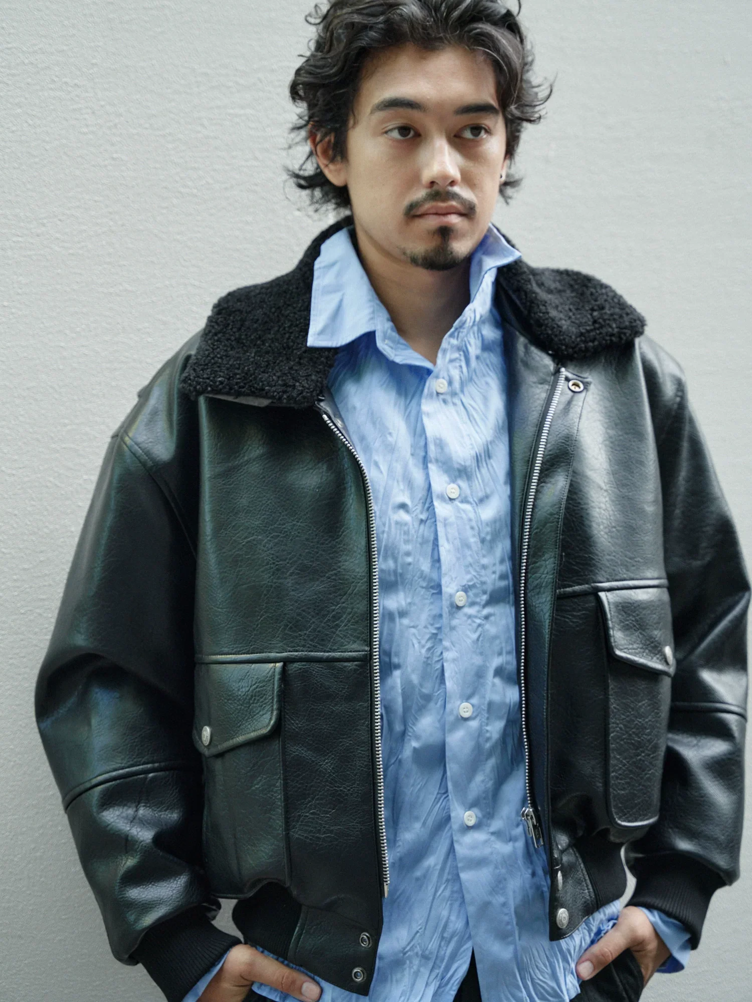 Faux Shearling Collar Aviator Bomber - Image 3