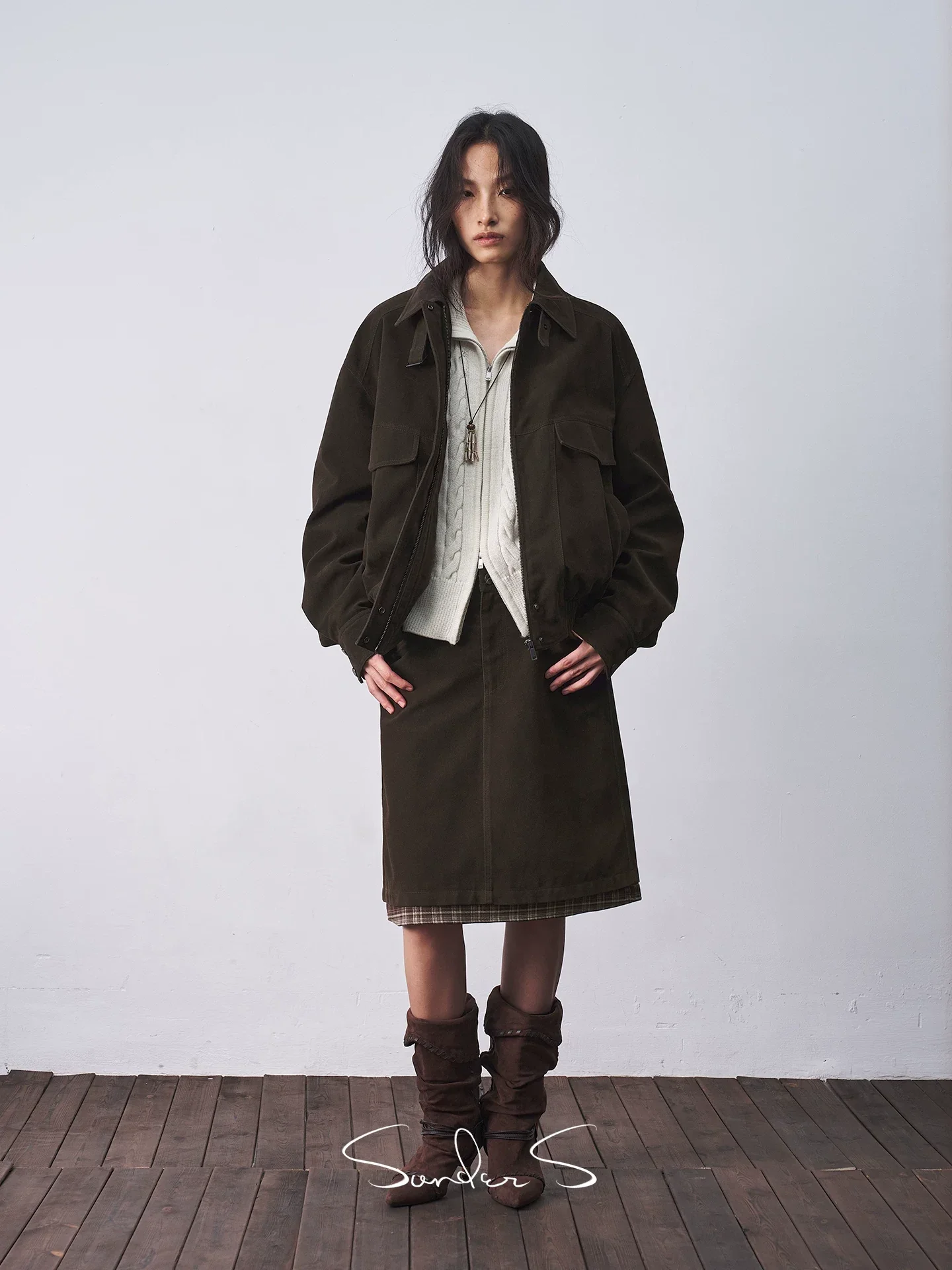 Faux Suede Check-Lined Harrington Jacket - Image 2