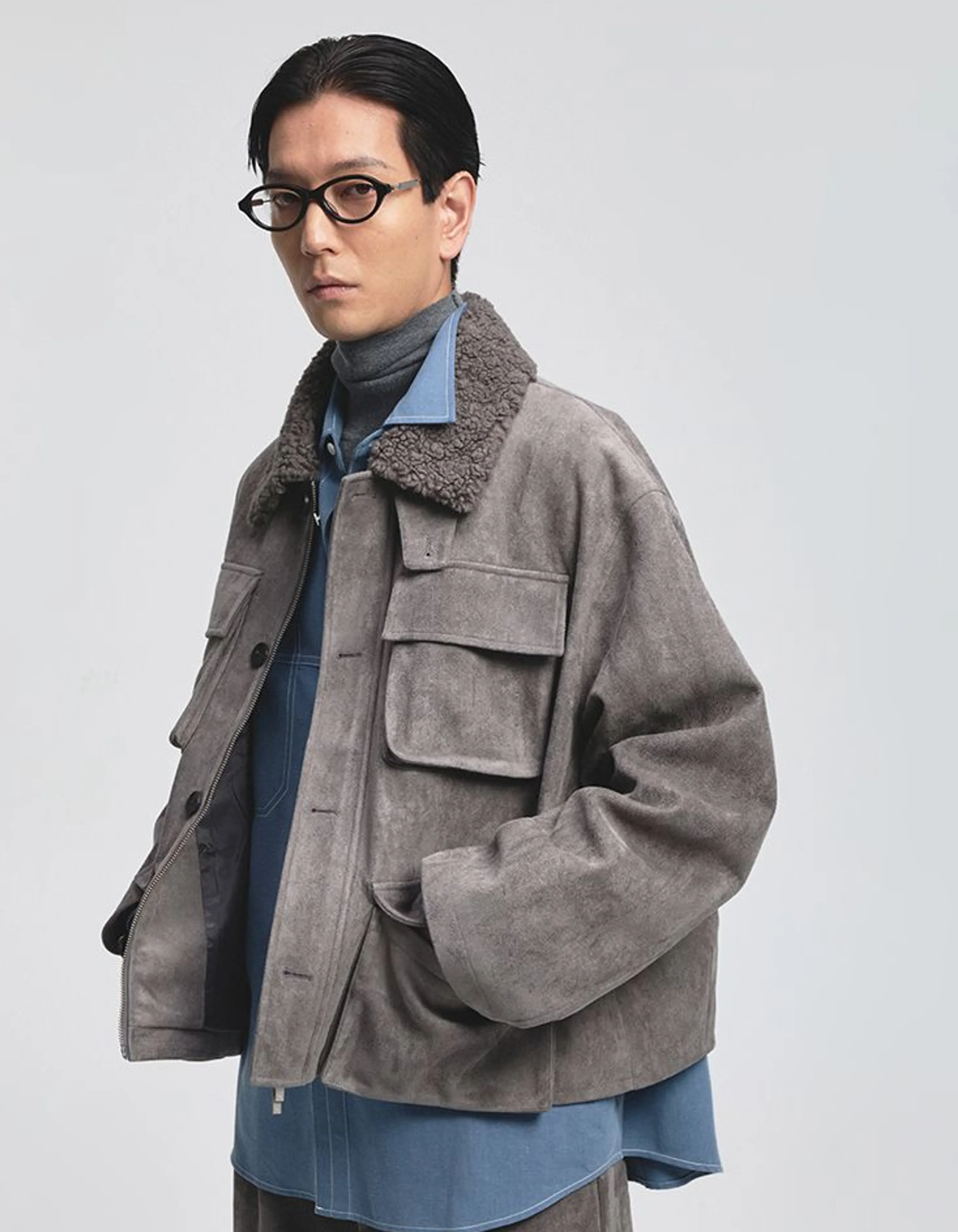 Faux Suede Fleece-Collar Utility Jacket - Image 3